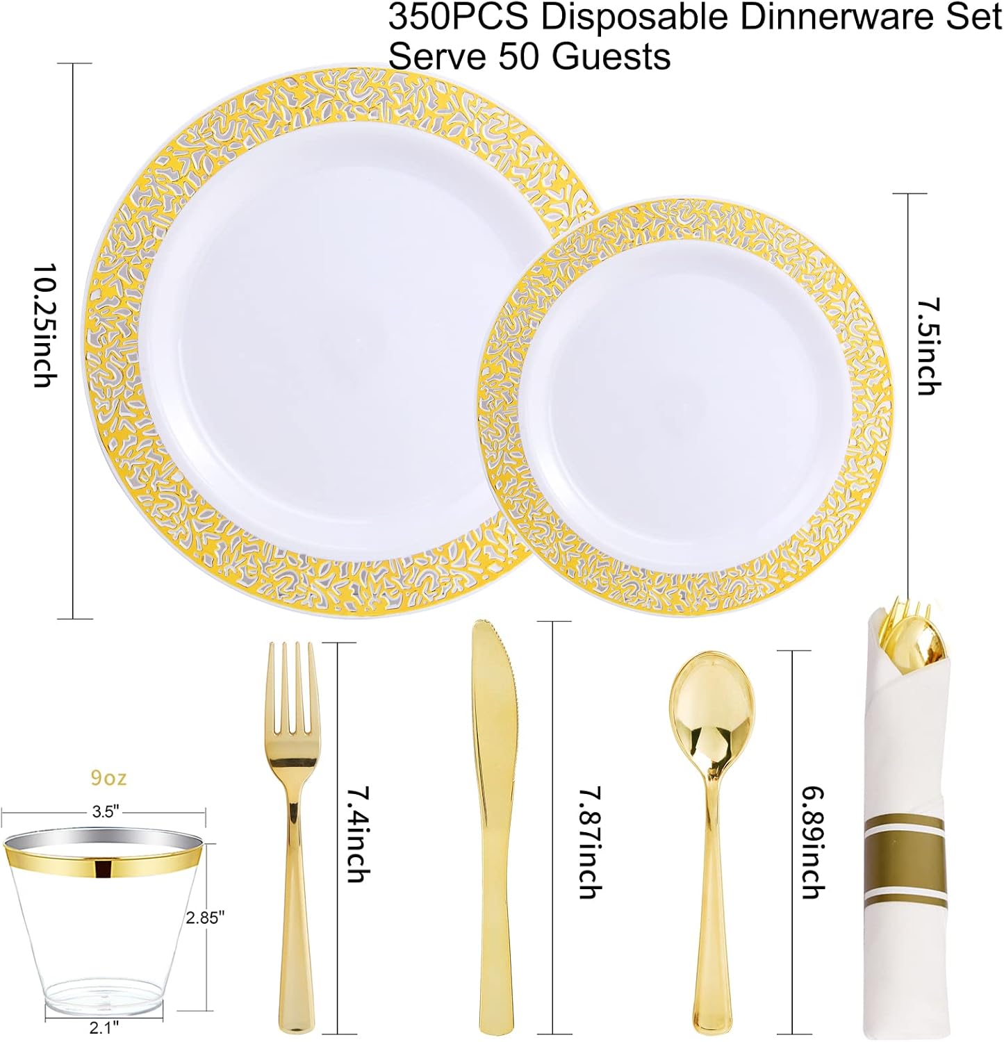 WELLIFE 50 Guests Dinnerware Sets, Gold Plastic Plates,Platos Para Fiestas Elegantes Desechables Include:50 Dinner Plates, 50 Dessert Plate, 150 Pcs Gold Plastic Silverware, 50 Cups for Party - Image 2