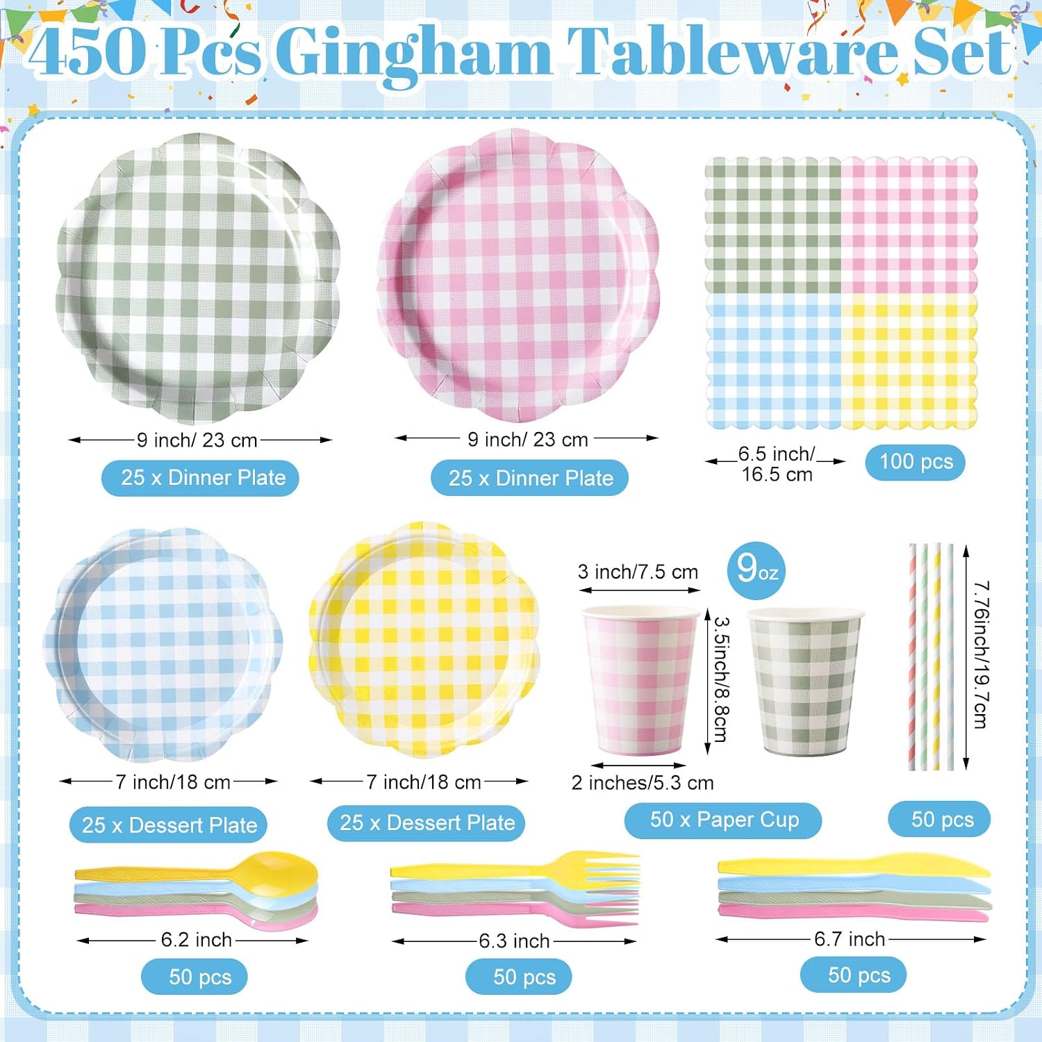 450 Pcs Gingham Tableware Set Decorations Pastel Plaid Paper Plates Napkins Cups Cutlery Straws Checkered Dinnerware Set for Baby Shower BBQ Picnic Birthday Party Supplies, Serves 50 - Image 2