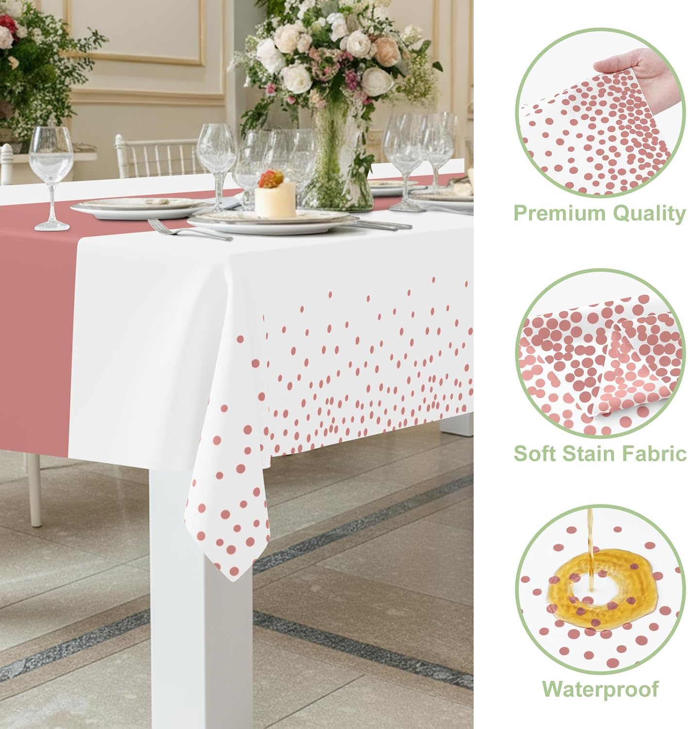 Smiry Plastic Table Cloth Disposable 3 Pack, 54 x 108 Inch Rectangle Waterproof Tablecloth, Printed Gold Table Runner Style for Birthday Weeding, Party, Sturdy & Leakproof, Rose Gold and White - Image 3