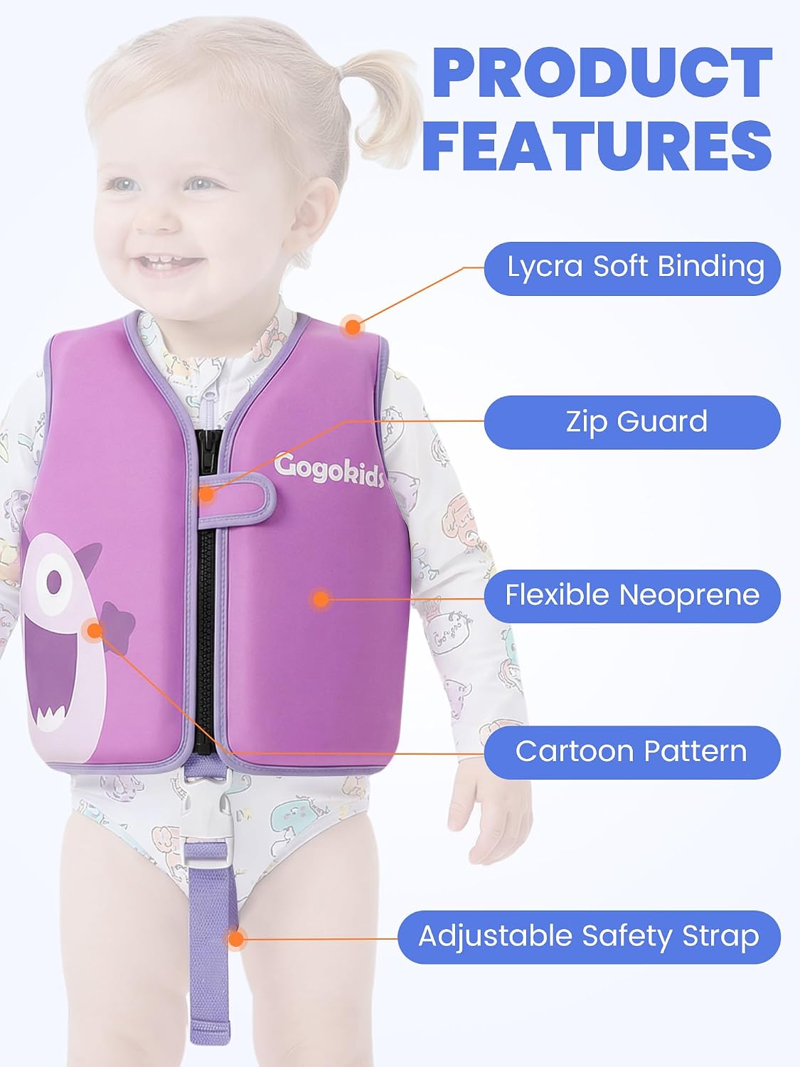 Gogokids Toddler Swim Vest Pool Floaties for Kids 1-2-3-5-6-9-12 Yrs, Neoprene Swimming Jacket w/Adjustable Strap & Zip, Kids Pool Float Jacket 30-50-70-90 Pounds for Boys Girls Youth Teens - Image 9