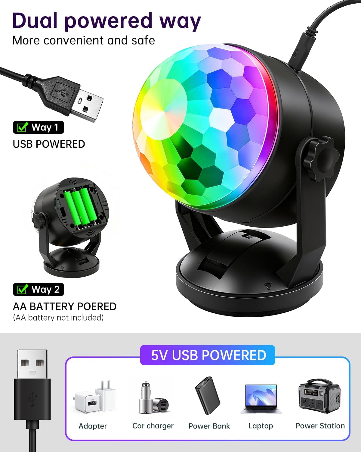 Luditek 2-Pack Portable Sound Activated Party Lights Indoor, Battery Powered/USB Dj Disco Ball Strobe Lights for Car Room, Adults Gifts, New Years Eve Party Supplies 2025 Christmas Decorations - Image 7