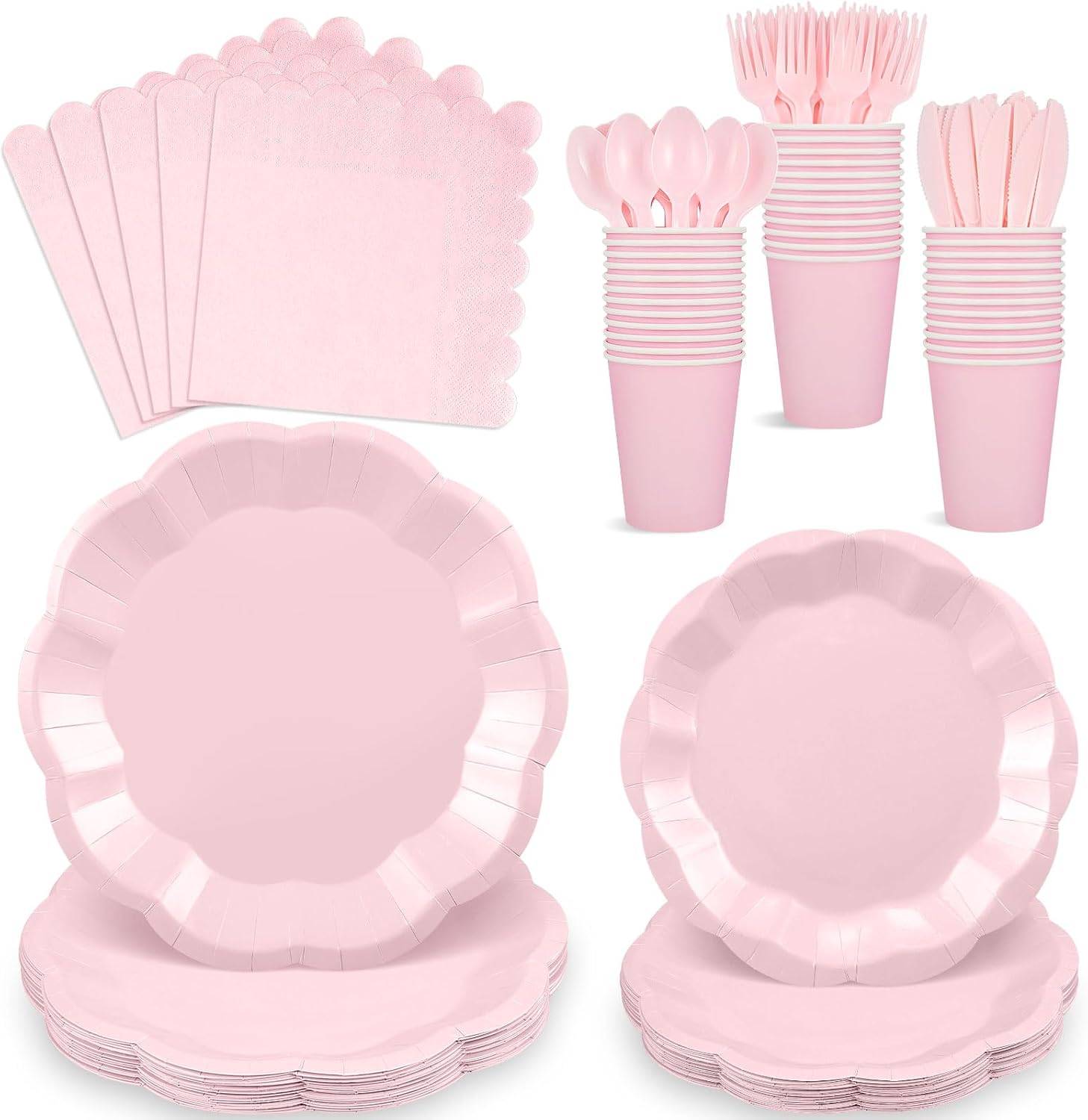 NatNarr 175 Pcs Pink Paper Plates and Napkins Set Include 9" Dinner Plates, 7" Dessert Plate Disposable Scalloped Tableware Serve 25 Guest for Wedding Baby Shower Bridal Shower Birthday