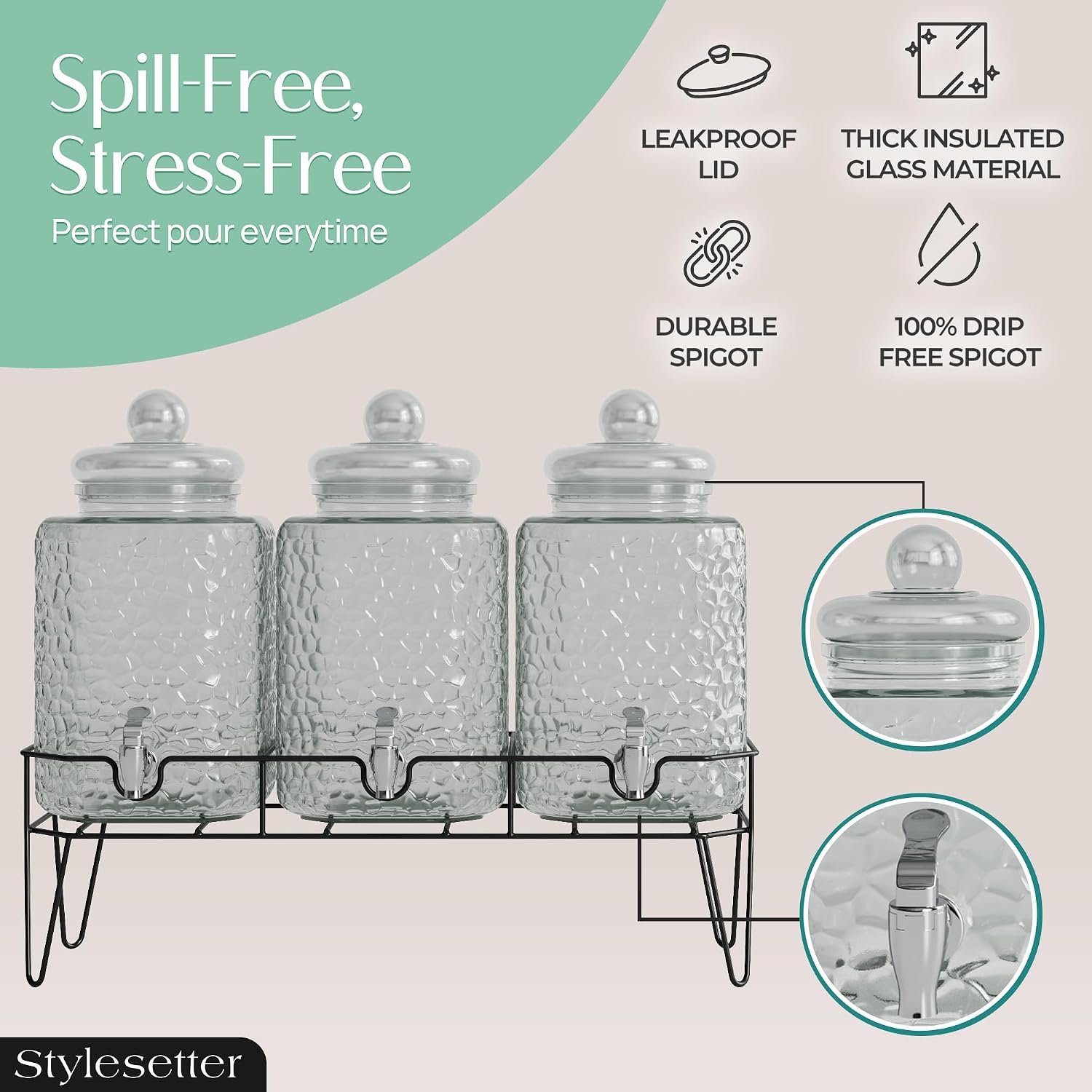 Style Setter Premium Glass Drink Dispensers with Metal Stand for Parties – Beverage Dispenser Set for Cold Drinks, Lemonade, Cocktails, Juice – Party Glass Drink Dispenser Station - 1.5 Gal, Set of 3 - Image 5