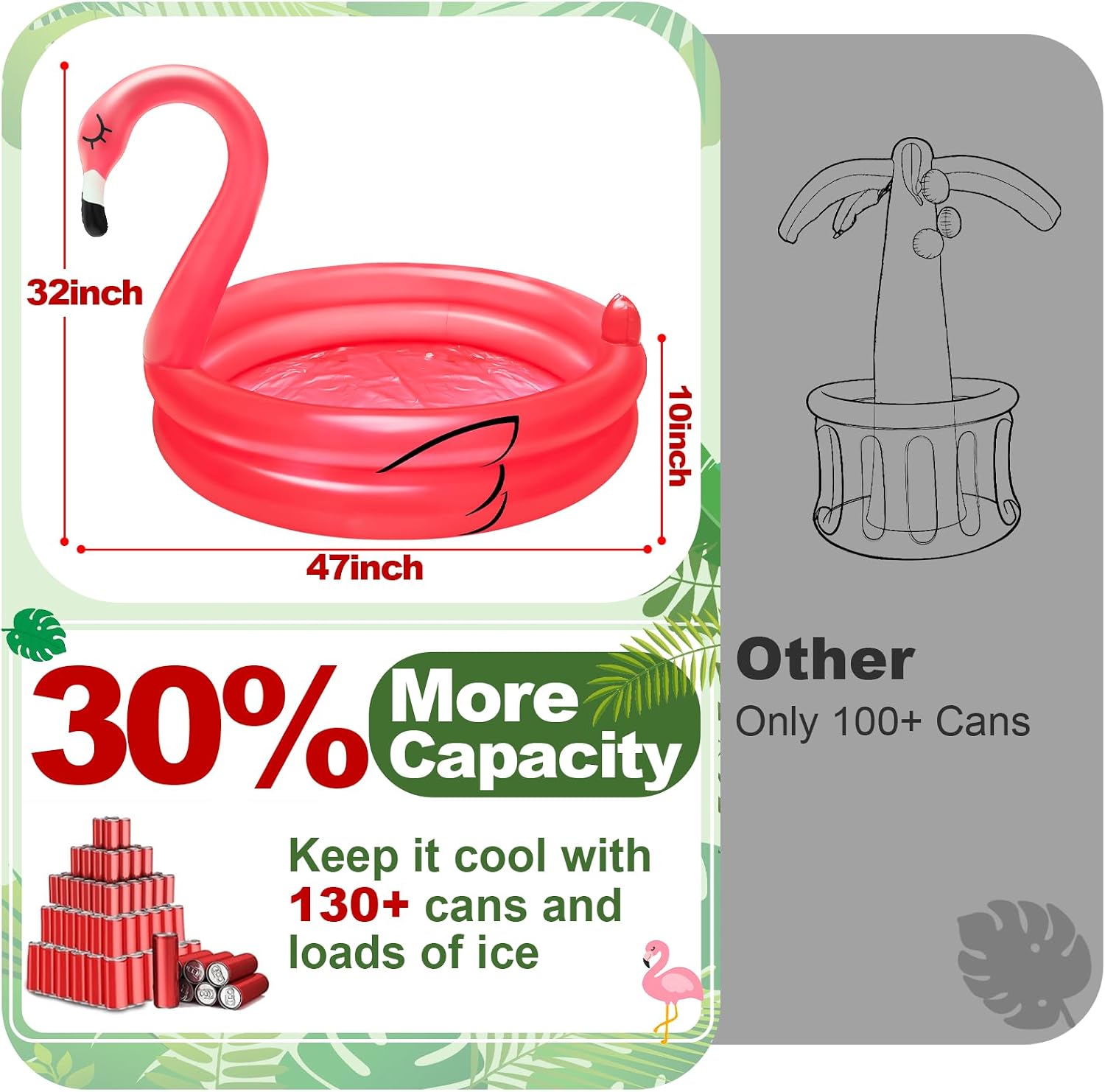Inflatable Flamingo Cooler 130+ Cans Large Capacity, Bottom Quick-Drain, Luau Party Decor, Flamingo Pool Party Decorations, Beach Hawaiian Birthday Party Supplies Tropical Themed Summer Drink Cooler - Image 3