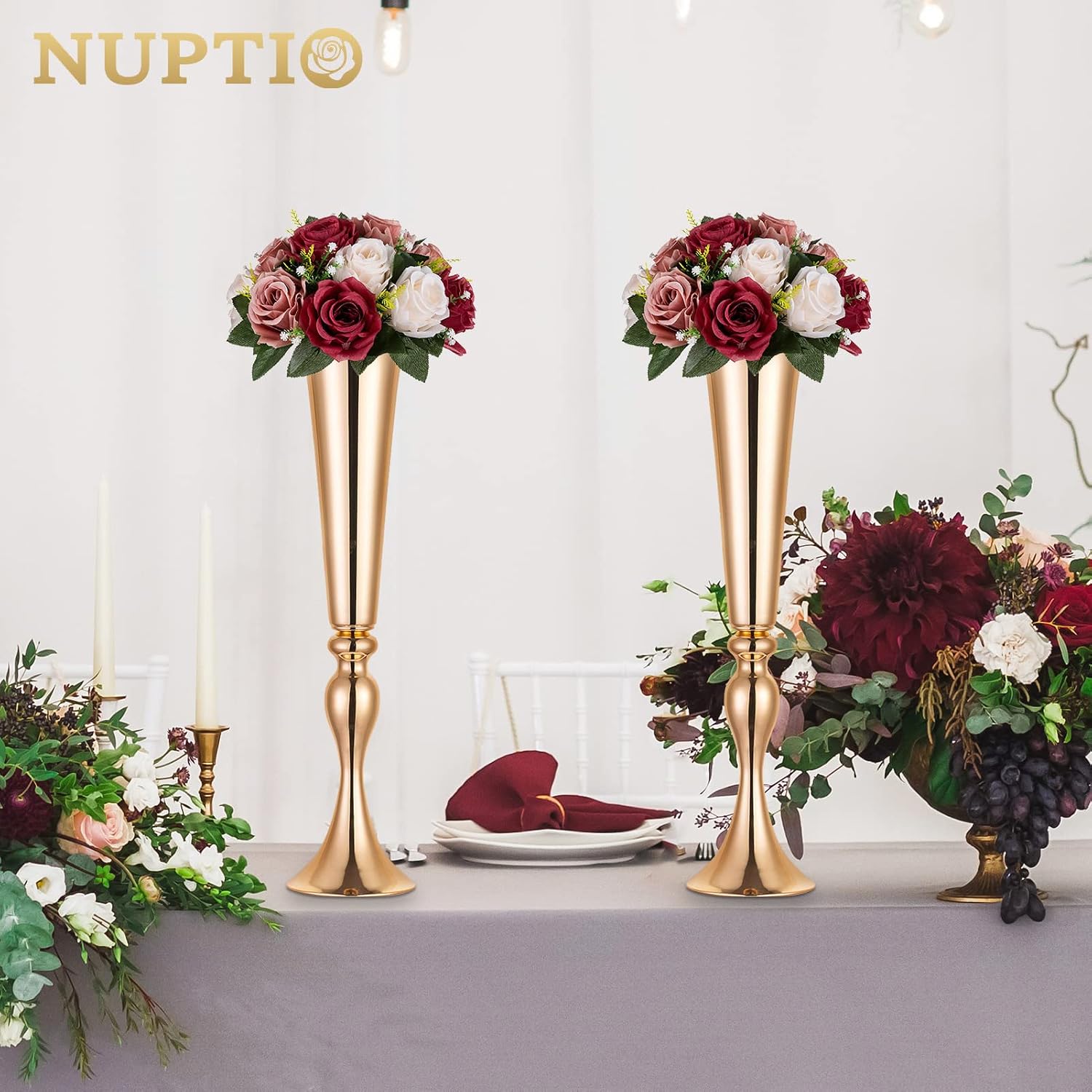 NUPTIO Artificial Flower Centrepieces for Tables - 2 Pcs Burgundy & Dusty Rose & Creamy White Fake Flowers Roses Balls 9.5in Diameter - Silk Faux Rose Arrangement for Wedding Party Table Decor - Image 3