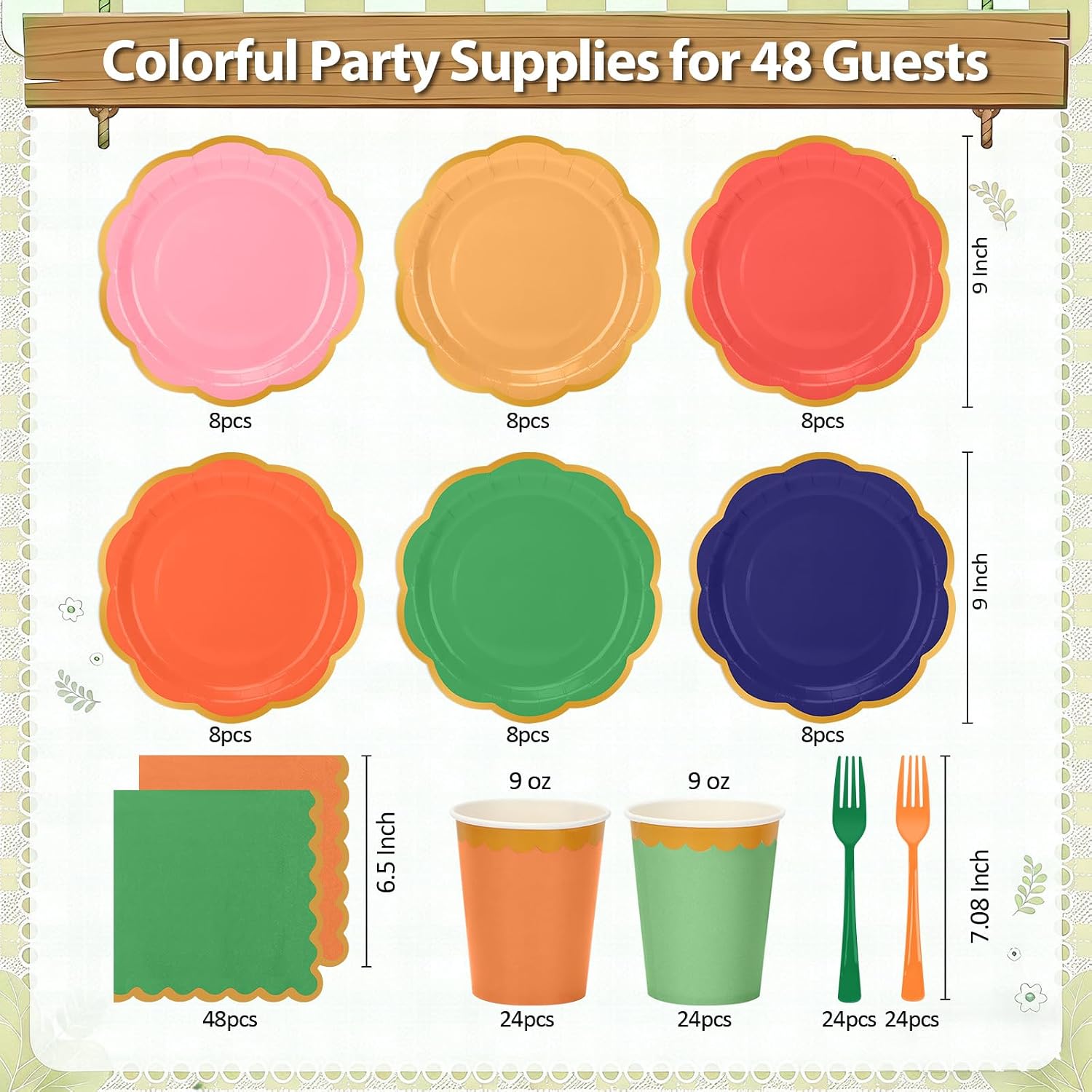 192Pcs Colorful Paper Plates and Napkins Party Supplies, Disposable 9’’ Scalloped Colored Party Plates Tableware Set for Rainbow Birthday, Wedding, Baby Shower Decorations, Serves for 48 Guests - Image 2