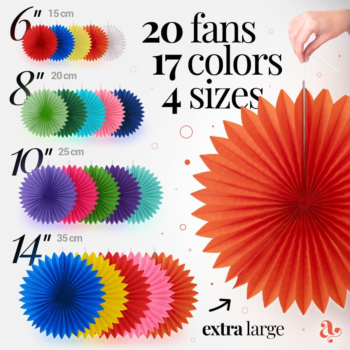 Colorful Paper Fans - Rainbow Party Decorations - Happy Birthday Decorations for Women, Men and Kids - Reusable Fiesta Party Decor by Avoseta (20 Piece Set, Assorted Sizes, Multicolor) - Image 2