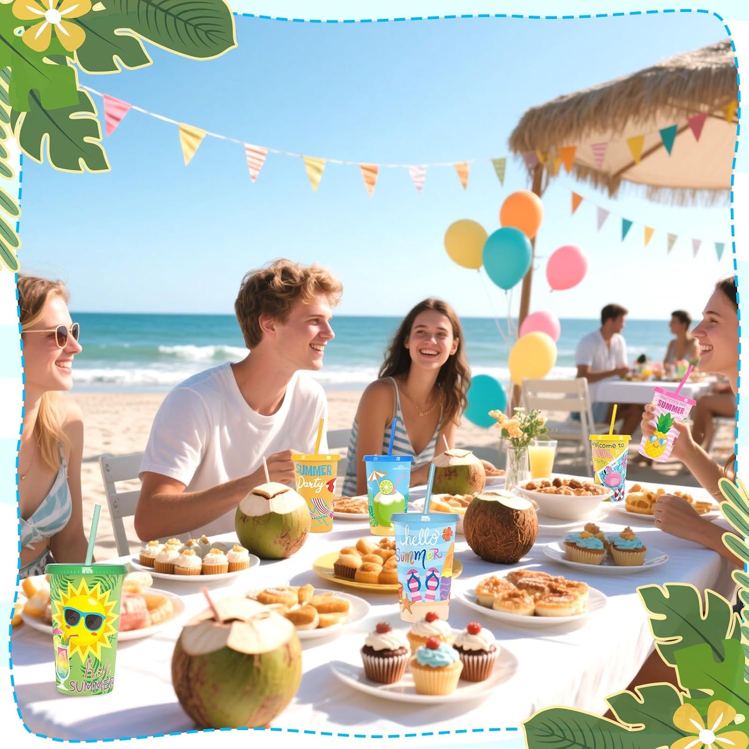 Jansun 12pcs Summer Party Color Changing Cups with Lids and Straws Beach Party 12Oz Reusable Plastic Cups Beach Ball Pool Party Favors Goodie Cups for Hawaiian Tropical Festival Supplies - Image 6