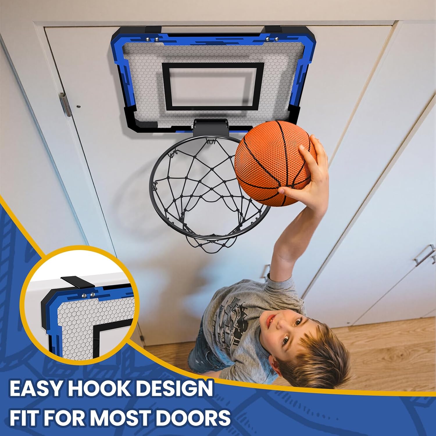 QDRAGON Mini Basketball Hoop, Over The Door Indoor, with 3 Balls/Inflator/Breakaway Rim, Basketball Toy Gifts for Kids and Adults, Suit for Bedroom/Office/Outdoor, Blue Hoop - Image 3