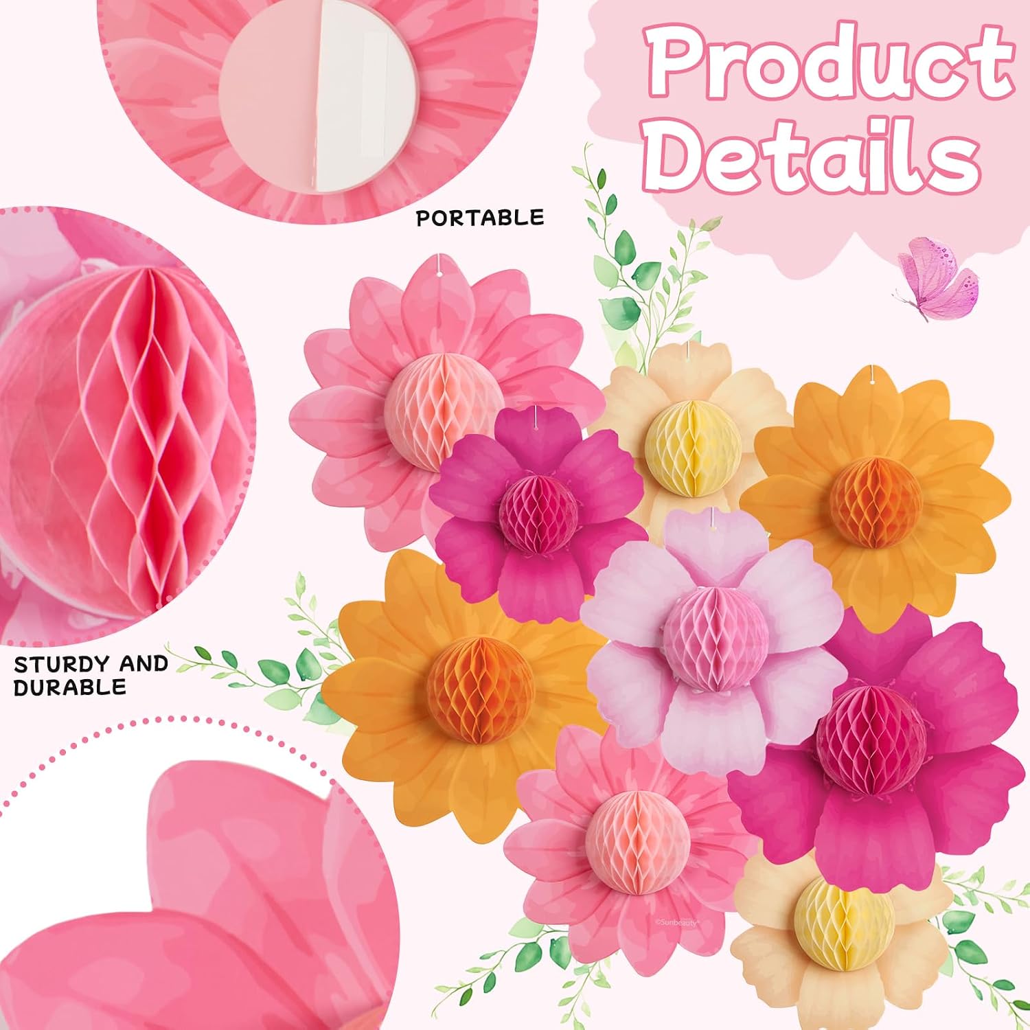 Paper Jazz Hanging Paper Flower Sunflower Honeycomb Party Decoration Pink Orange Spring Garden Themed Summer Party Supplies Large Paper Flower for Wall for Tea Party Baby Shower Wedding. - Image 2