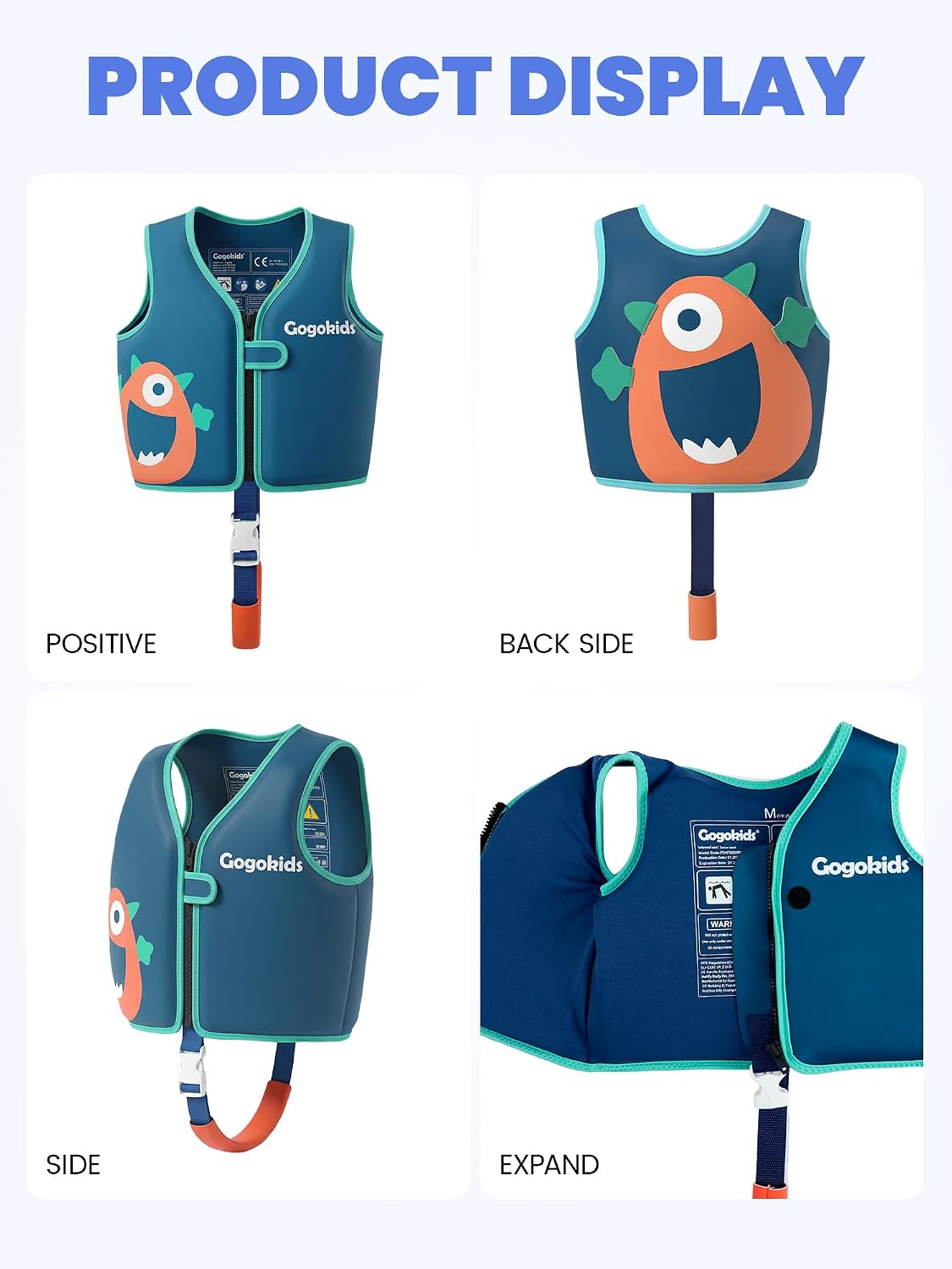 Gogokids Toddler Swim Vest Pool Floaties for Kids 1-2-3-5-6-9-12 Yrs, Neoprene Swimming Jacket w/Adjustable Strap & Zip, Kids Pool Float Jacket 30-50-70-90 Pounds for Boys Girls Youth Teens - Image 8