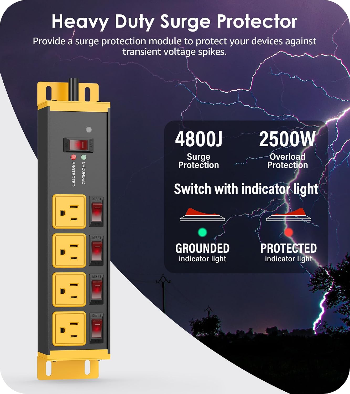 CCCEI 12 Gauge Outdoor Long Extension Cord with Multiple Outlets, 20 Amp Individual Switches Heavy Duty Surge Protector Power Strip, Garage Wall Mount Outlet Extender. 100 FT, Yellow. - Image 3