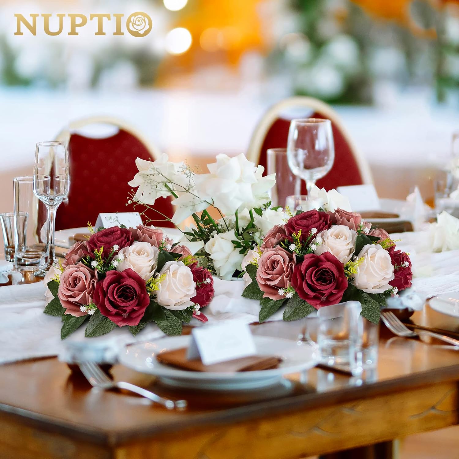 NUPTIO Artificial Flower Centrepieces for Tables - 2 Pcs Burgundy & Dusty Rose & Creamy White Fake Flowers Roses Balls 9.5in Diameter - Silk Faux Rose Arrangement for Wedding Party Table Decor - Image 4
