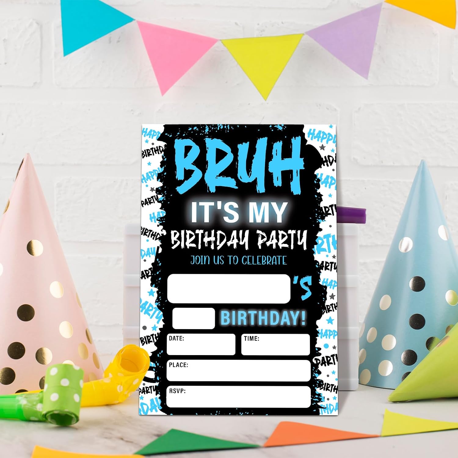 Bruh It's My Birthday Party Invitations, 20Pcs Blue Fill In Invitation Cards with Envelopes, Double Sided You're Invited Cards for Boys Teen Kids Birthday Supplies (4x6 inch) - Image 4
