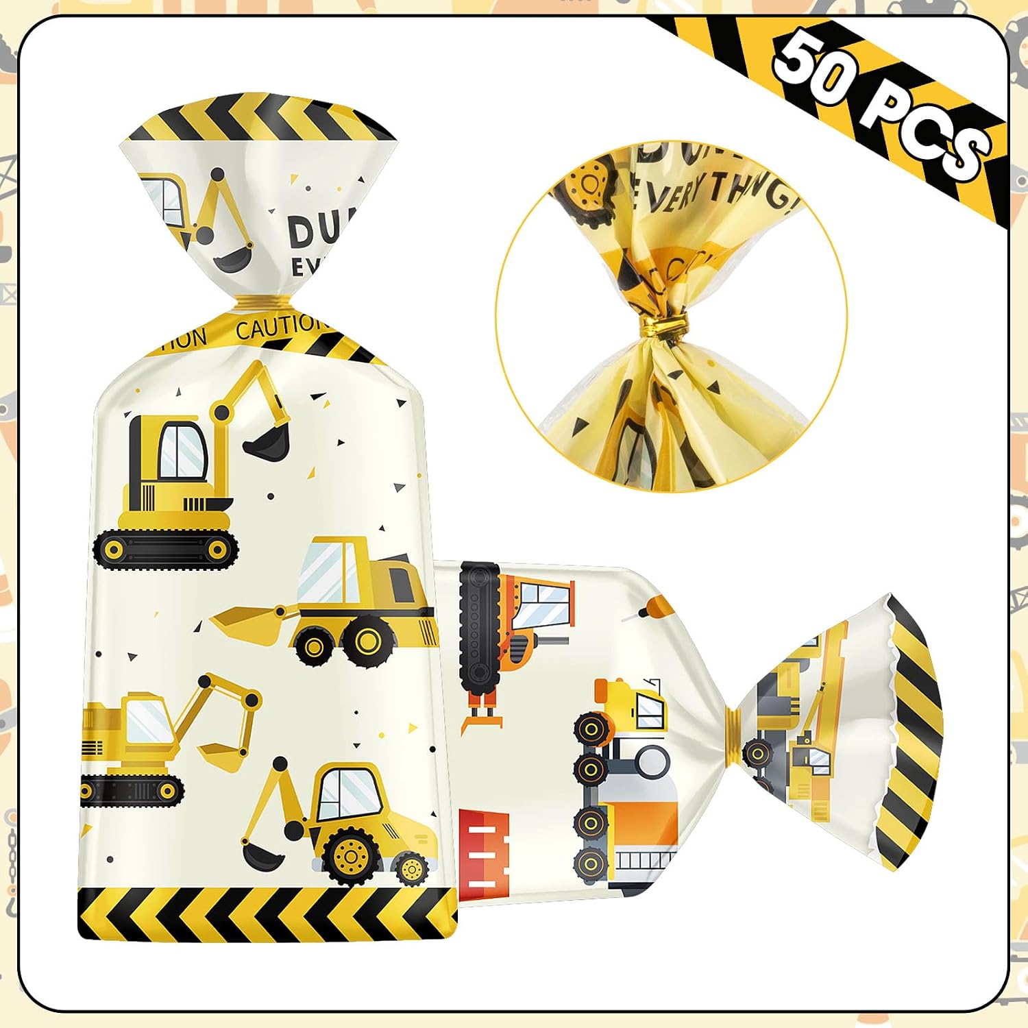 50 Pack Construction Party Favor Bags - Construction Theme Treat Bags, Truck Themed Cello Cellophane Gift Candy Goodie Bag with Gold Twist Ties for Kids Construction Birthday Party Supplies Favors - Image 3
