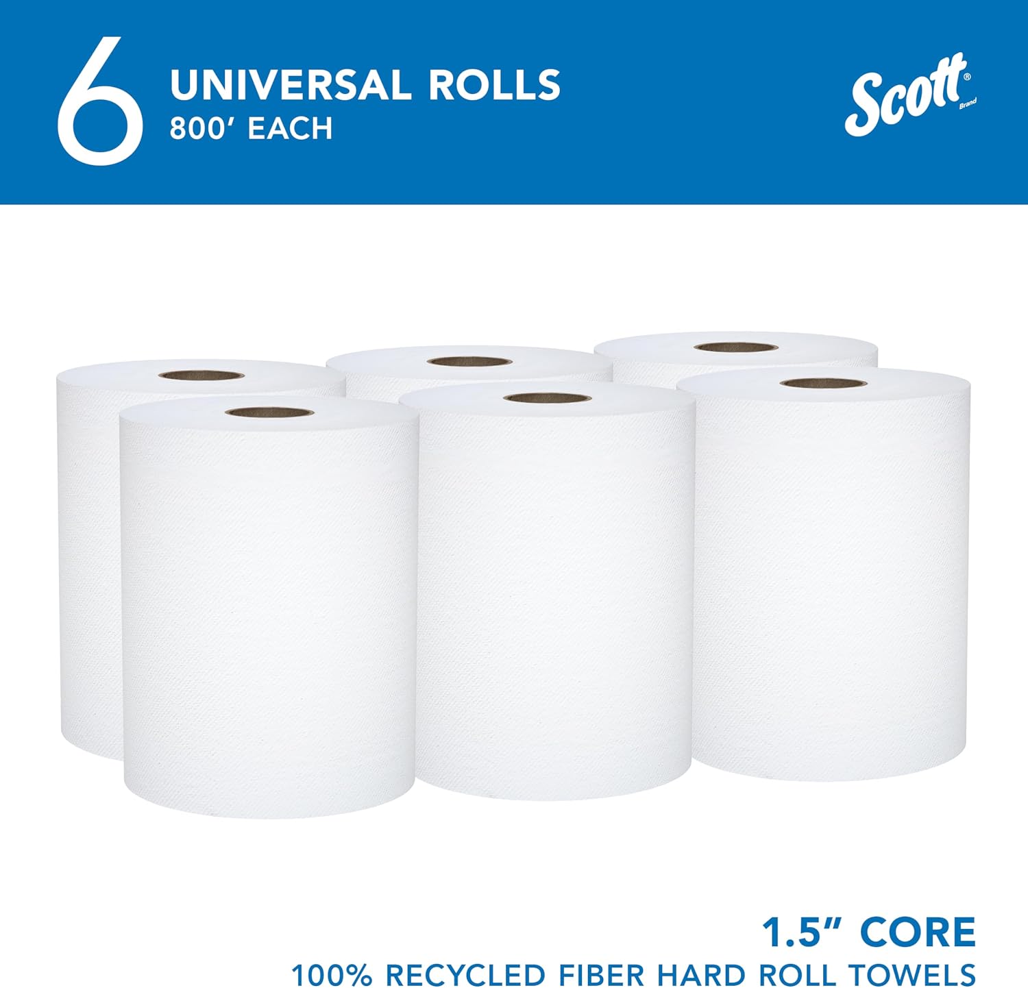 Scott Professional Universal 100% Recycled Fiber Hard Roll Paper Towels, Bulk (56158), Hardwound 1.5" Core, Absorbency Pockets, Compressed, White (6 Rolls at 800' Each, 4,800'/Case) - Image 2