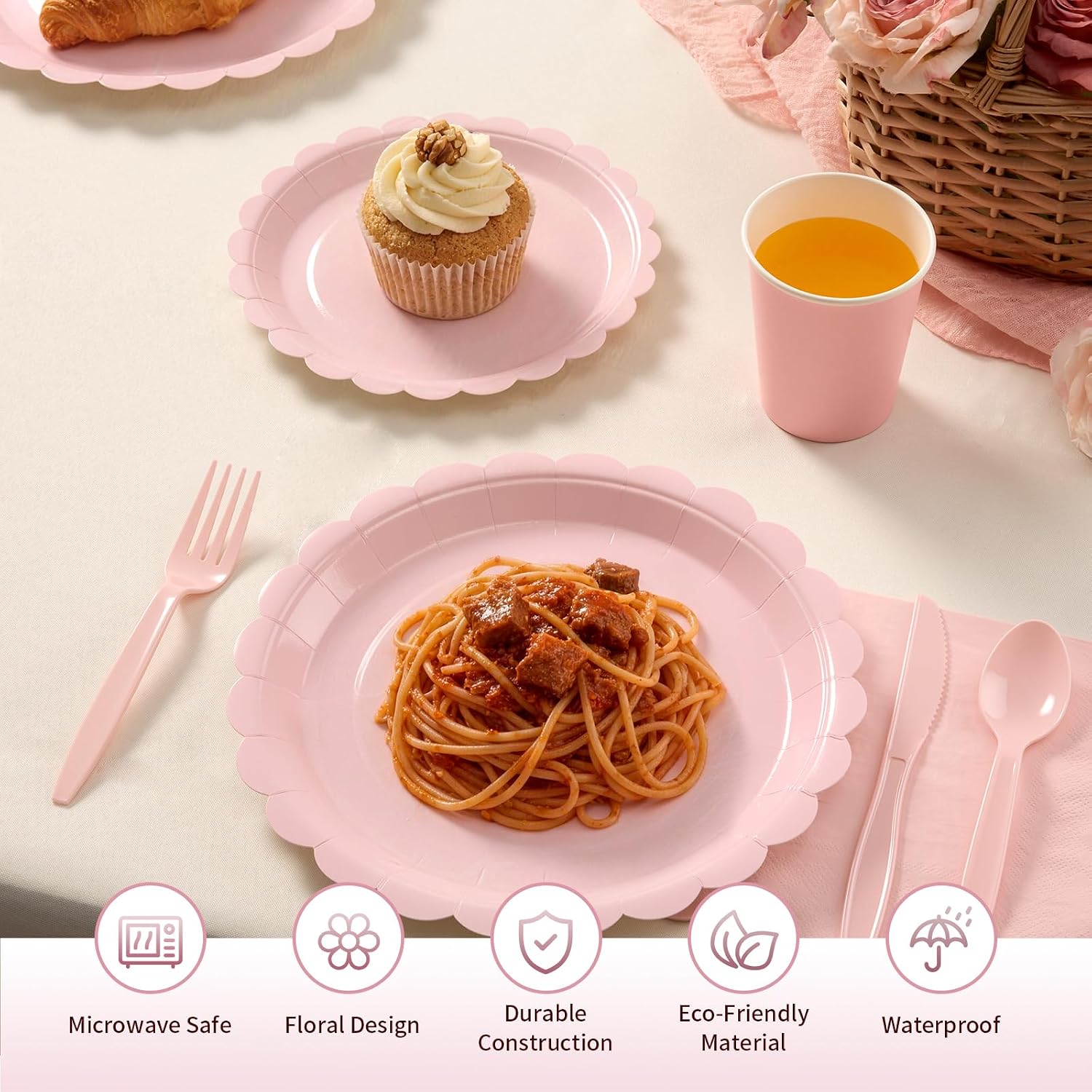 Goodluck 175 Pcs Pink Paper Plates Set, 25 Guest Party Supplies Includes Disposable Scalloped Party Plates, Napkins, Cups, Plastic Cutlery Set for Birthday, Bridal and Baby Shower - Image 3