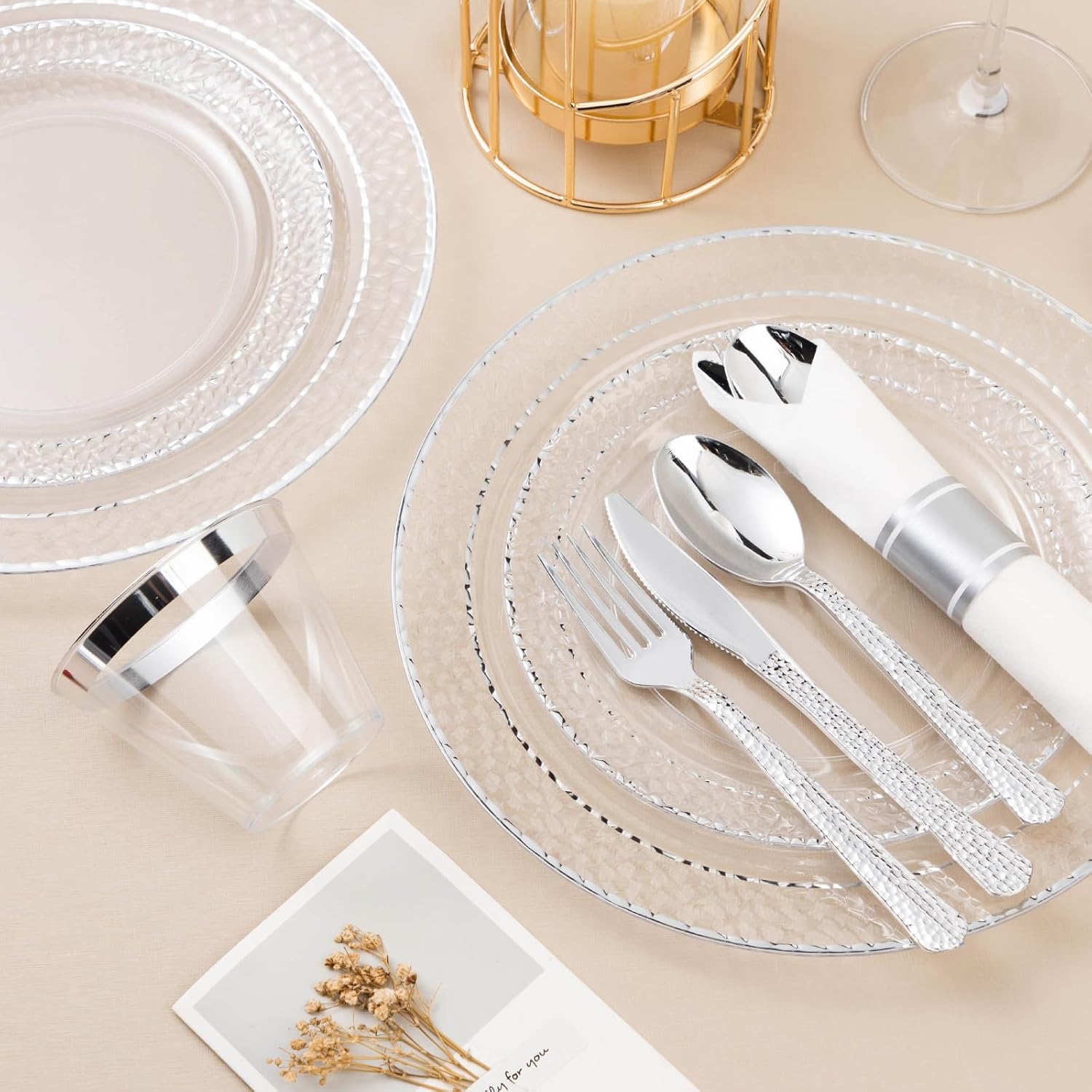 Bestluck 350PCS Clear Plastic Plates with Silver Trim for 50 Guests, Disposable Dinnerware Set for Party & Wedding, Includes 100 Plastic Plates, 50 Pre Rolled Napkins with Silver Silverware, 50 Cups - Image 3