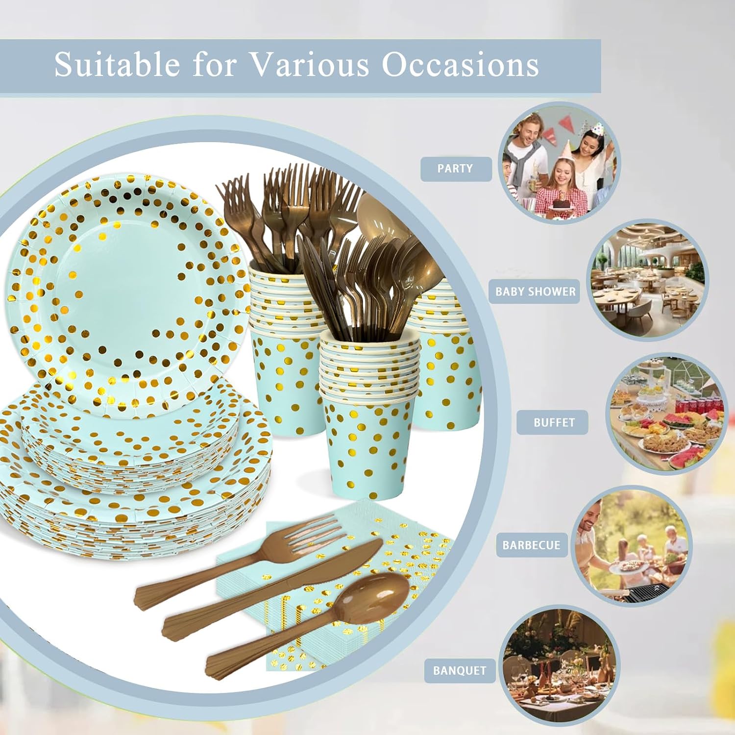 Paper Plates and Napkins Party Supplies - 175pcs Blue and Gold Polka Dots Party Plates and Cups and Napkins Sets for Birthday, Wedding, Baby Shower, Graduation Decorations (Serve 25) - Image 7