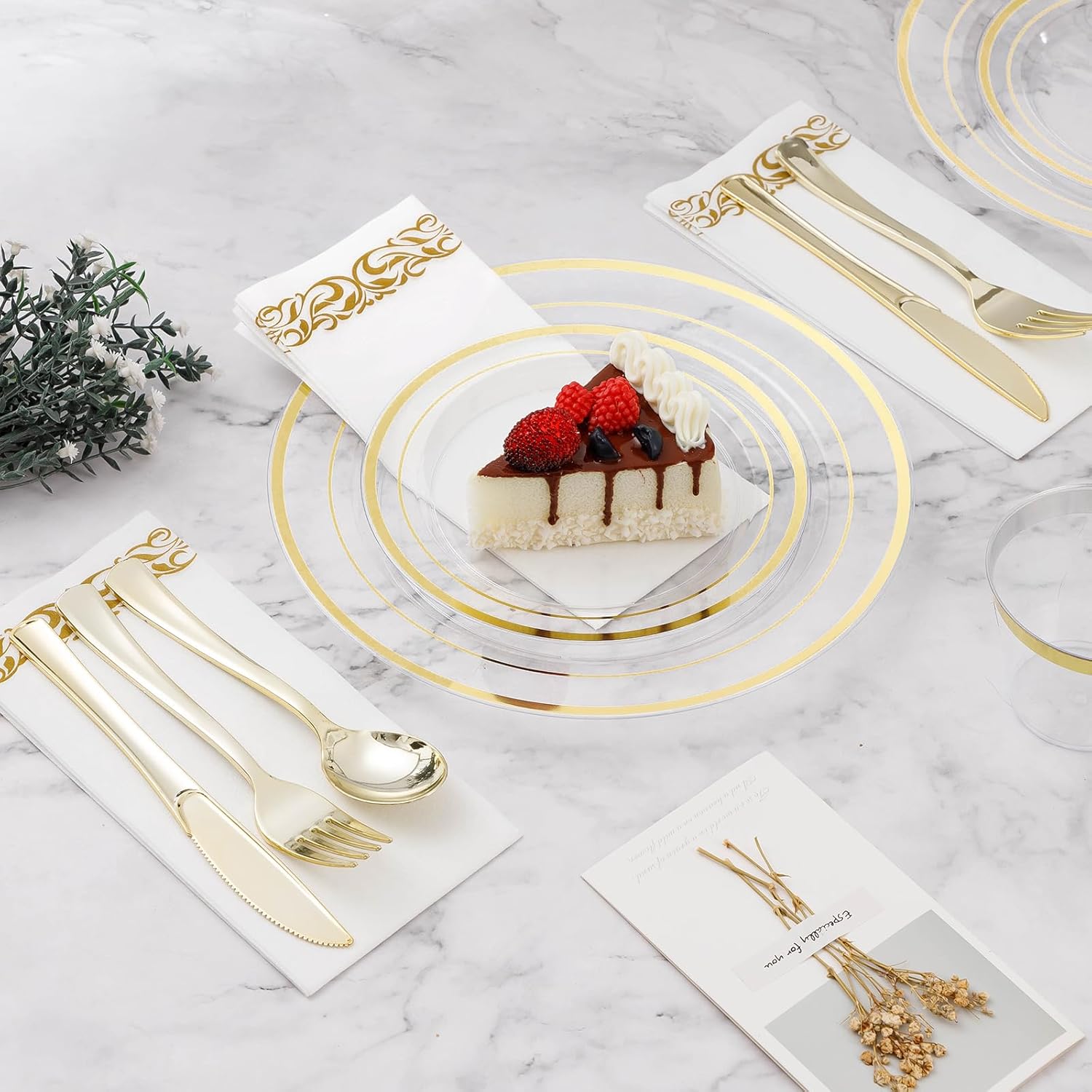 BESTVIP 700PCS Clear Gold Disposable Dinnerware Set for 100 Guests, Plastic Plates for Party, Wedding, Christmas, Include: 200 Plastic Plates, 100 Gold Silverware, 100 Cups, 100 Napkins - Image 3