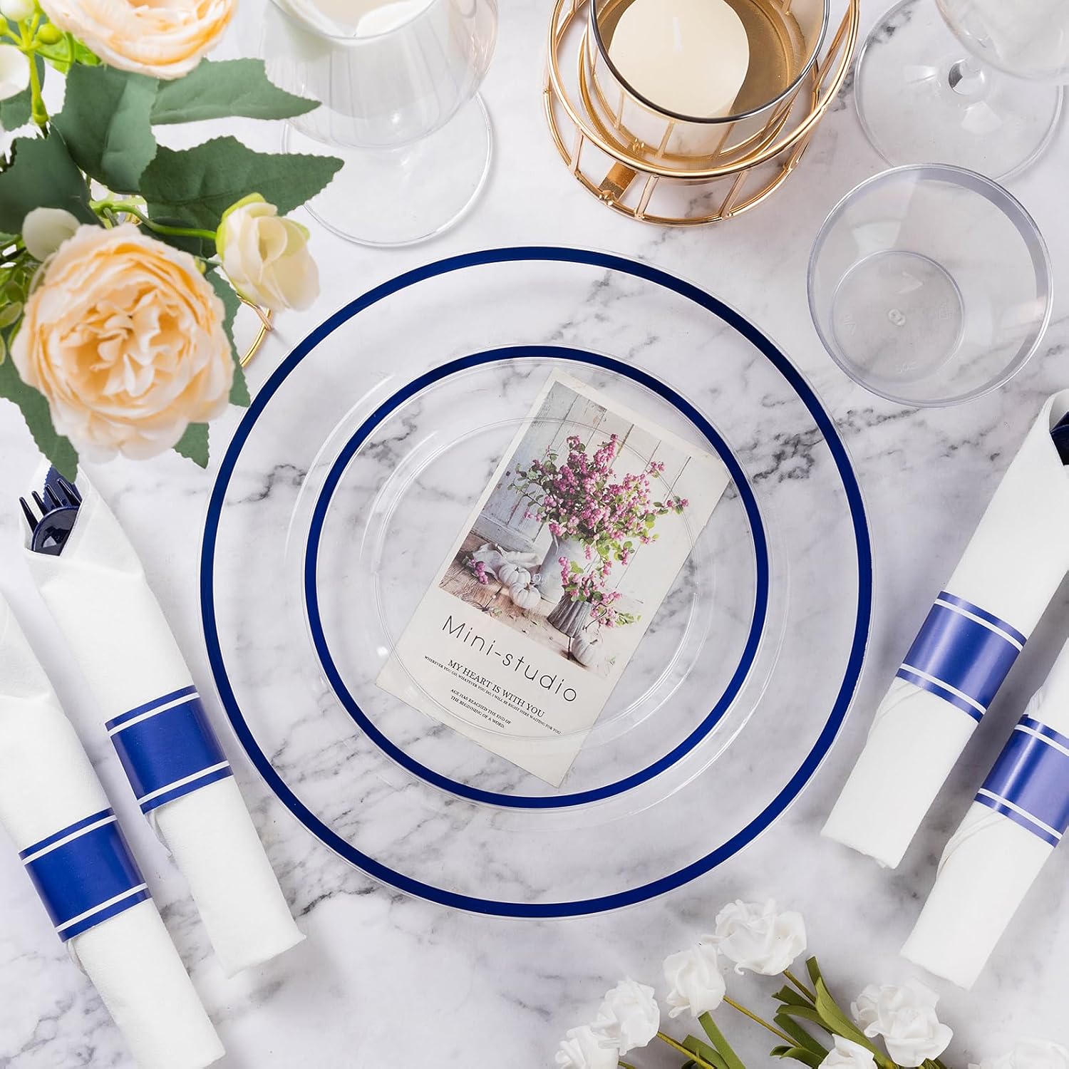 Goodluck 350 Piece Dark Blue Plastic Dinnerware Set for Party, Clear Disposable Plates for 50 Guests, Includes 100Plates, 50 Pre Rolled Napkins with Cutlery Set, 50 Cups, for Graduation, Birthday - Image 5