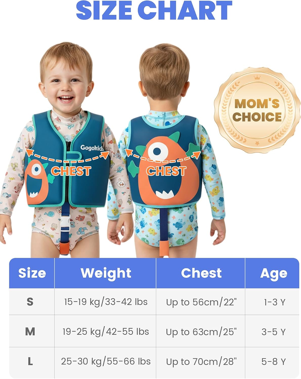 Gogokids Toddler Swim Vest Pool Floaties for Kids 1-2-3-5-6-9-12 Yrs, Neoprene Swimming Jacket w/Adjustable Strap & Zip, Kids Pool Float Jacket 30-50-70-90 Pounds for Boys Girls Youth Teens - Image 7