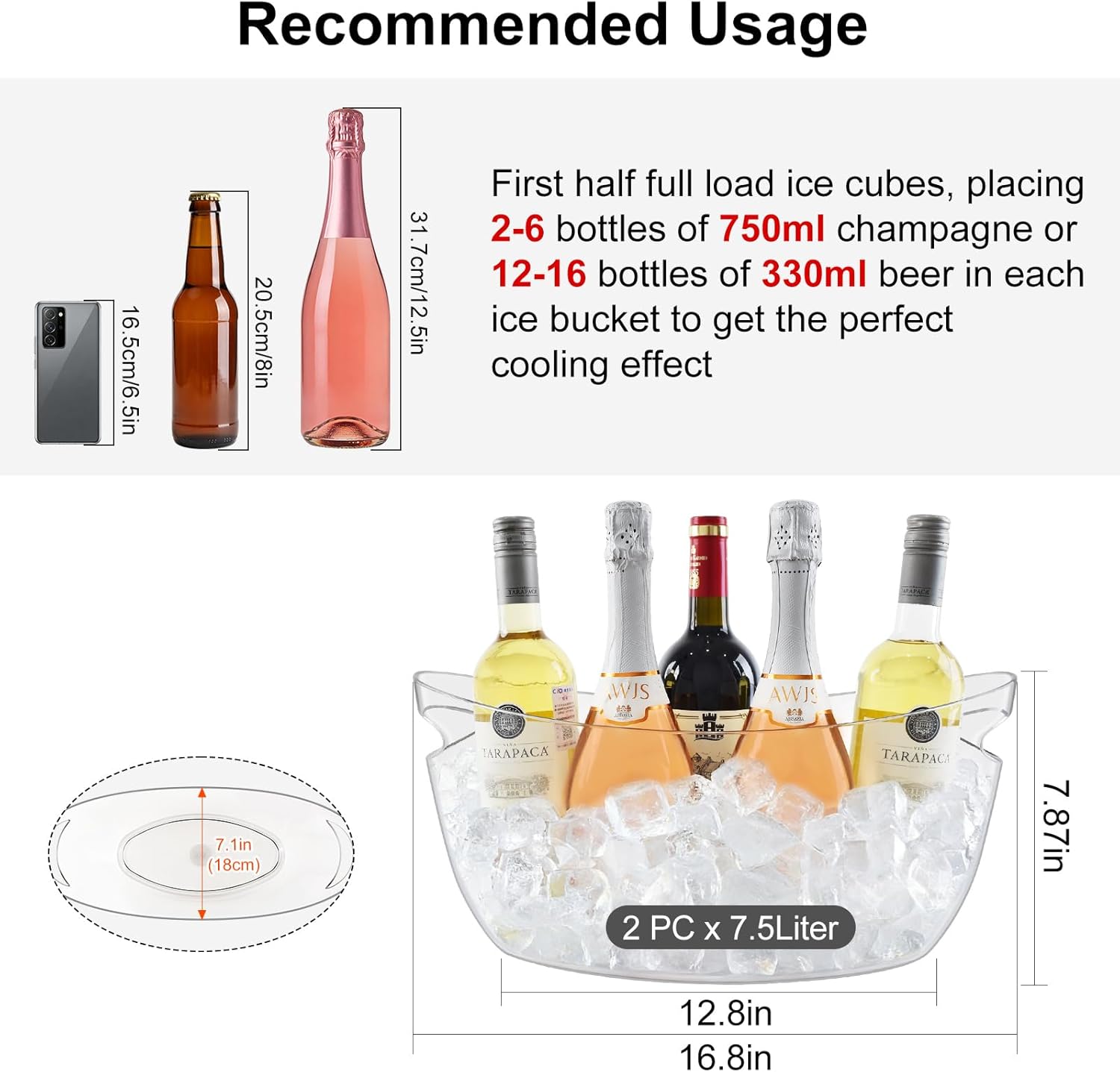 2-Pack Ice Buckets for Parties, 7.5L Clear Acrylic Beverage Tub | Ice Bucket with 2 Scoops,Large Champagne Bucket and Drink Bucket for Wine,Beer,Cocktails and Mimosa Bar Supplies - Image 3