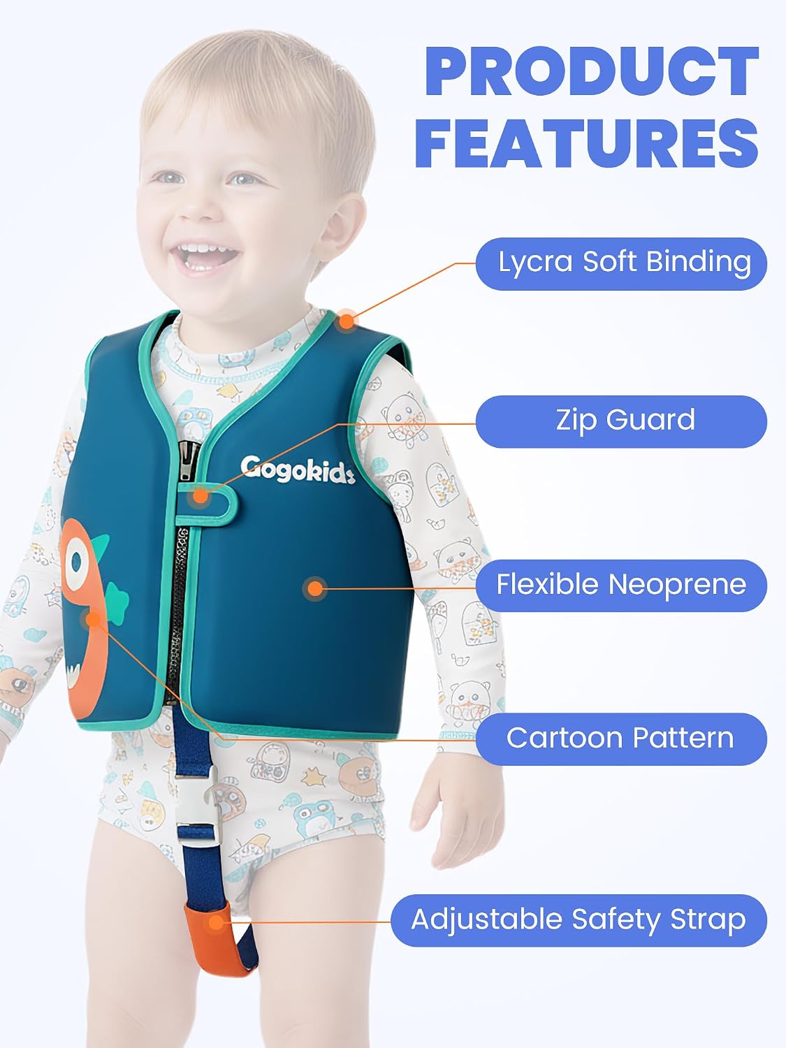 Gogokids Toddler Swim Vest Pool Floaties for Kids 1-2-3-5-6-9-12 Yrs, Neoprene Swimming Jacket w/Adjustable Strap & Zip, Kids Pool Float Jacket 30-50-70-90 Pounds for Boys Girls Youth Teens - Image 9