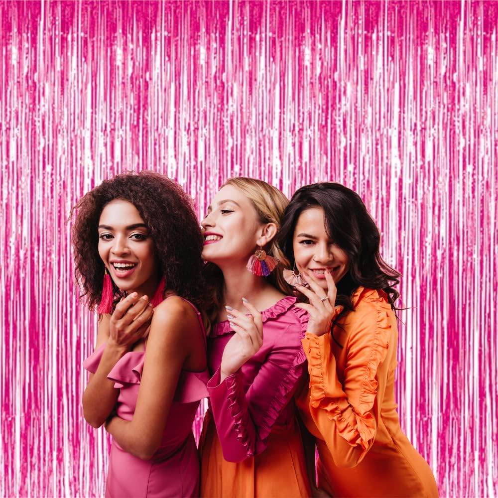 GOER 3.2 ft x 9.85 ft Metallic Tinsel Foil Fringe Curtains Party Photo Backdrop Party Streamers for Galentines Day, Birthday, Graduation, New Year Eve Decorations Wedding Decor (1 Pack, Hot Pink) - Image 3