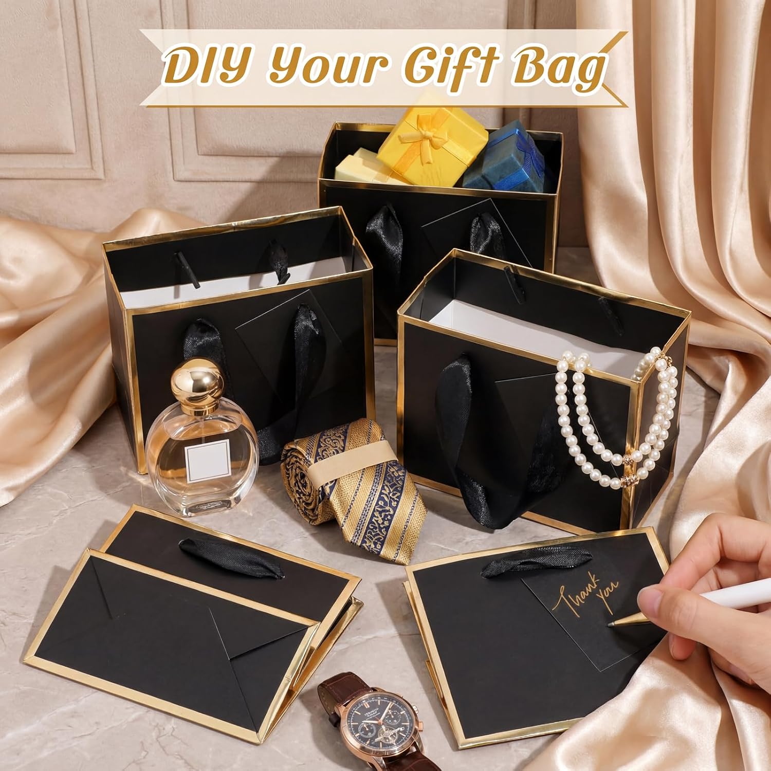Yeaqee 50 Pcs Mini Metallic Paper Gift Bags with Handle 4.75x2.25x4'' Small Gift Bag DIY Tag Thank You Party Favor for Summer Wedding Baby Shower Birthday Back to School Jewelry (Black,Gold) - Image 4