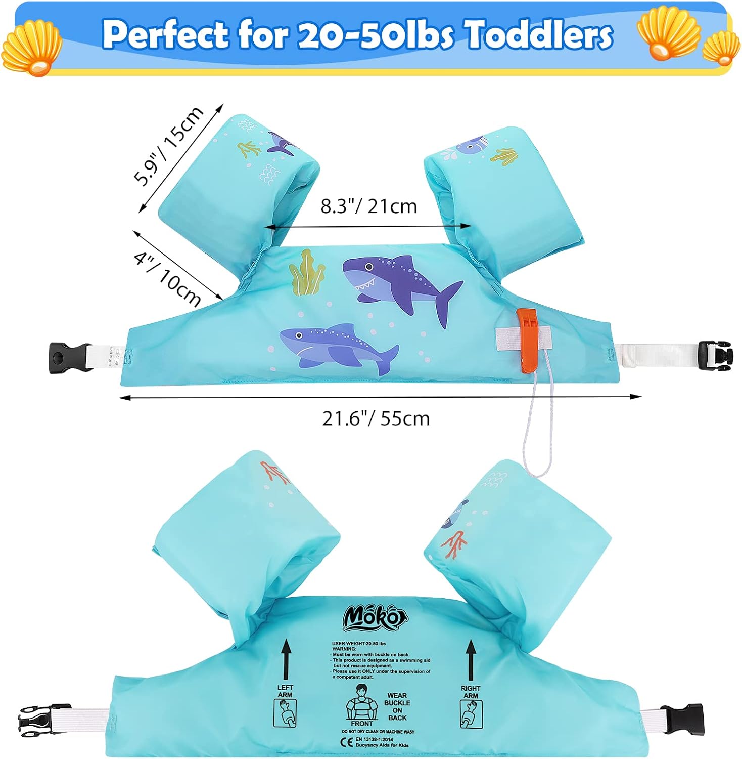 MoKo Swim Arm Band for Kids 20-30-40-50lbs, Toddler Swim Vest Cute Cartoon Swimming Wings Pool Floats Sleeve Children Water Sports Learning Swim Training Equipment, Blue - Image 4
