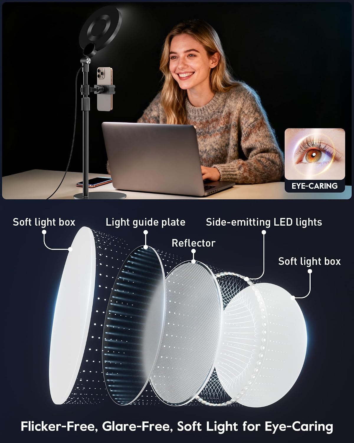 Dimmable Ring Light with Stand for Desk, Adjustable Desk Light for Video Recording, 30 Light Modes Video Conference Lighting, Zoom Lighting for Computer, Webcam, Podcast, Calls, Home Office, CRI 97.8 - Image 4