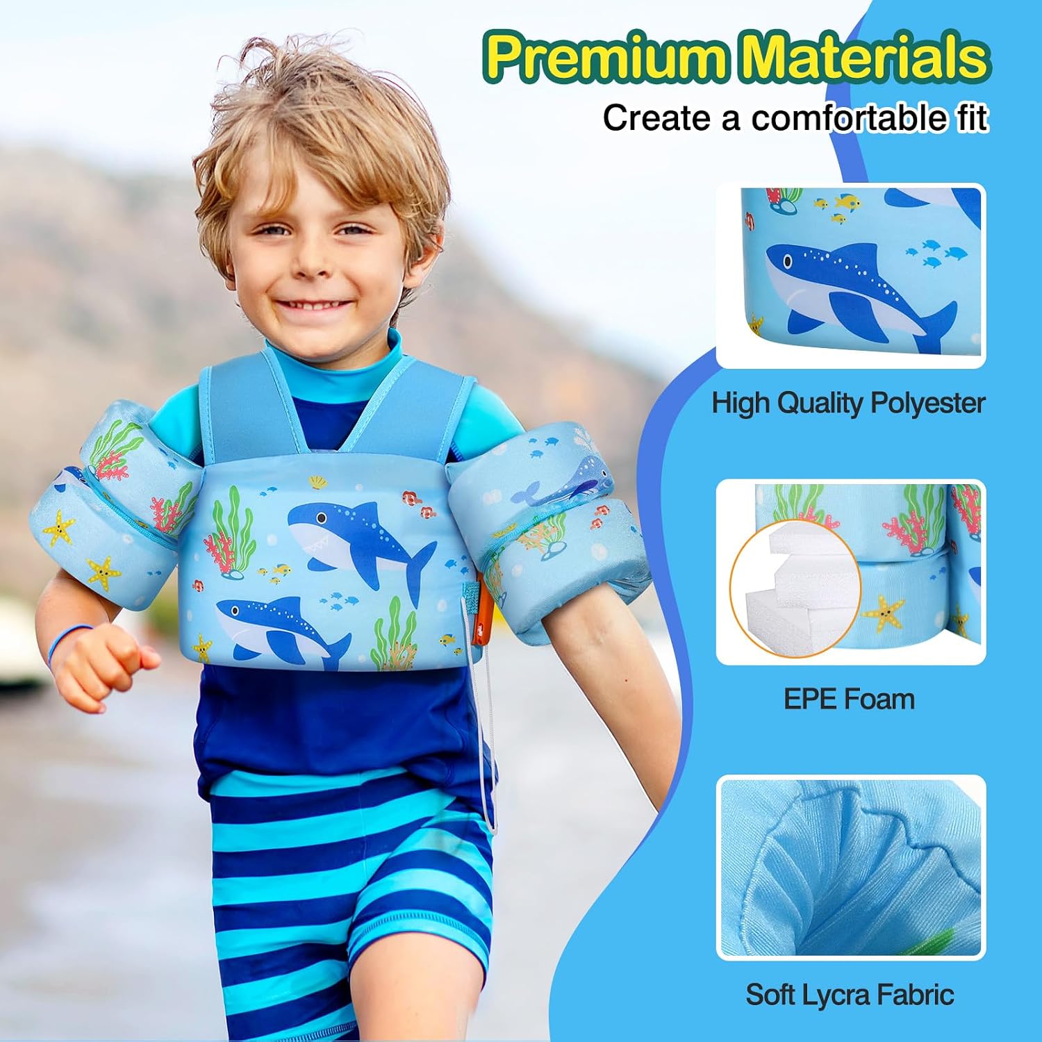 MoKo Toddler Swim Vest for Kids, Swim Arm Floaties 22-66 lbs Boys and Girls Cartoon Swimming Water Wings Pool Float Vests Sleeves Shoulder Straps Arm Band for Children Learn to Swim, Blue Shark - Image 4