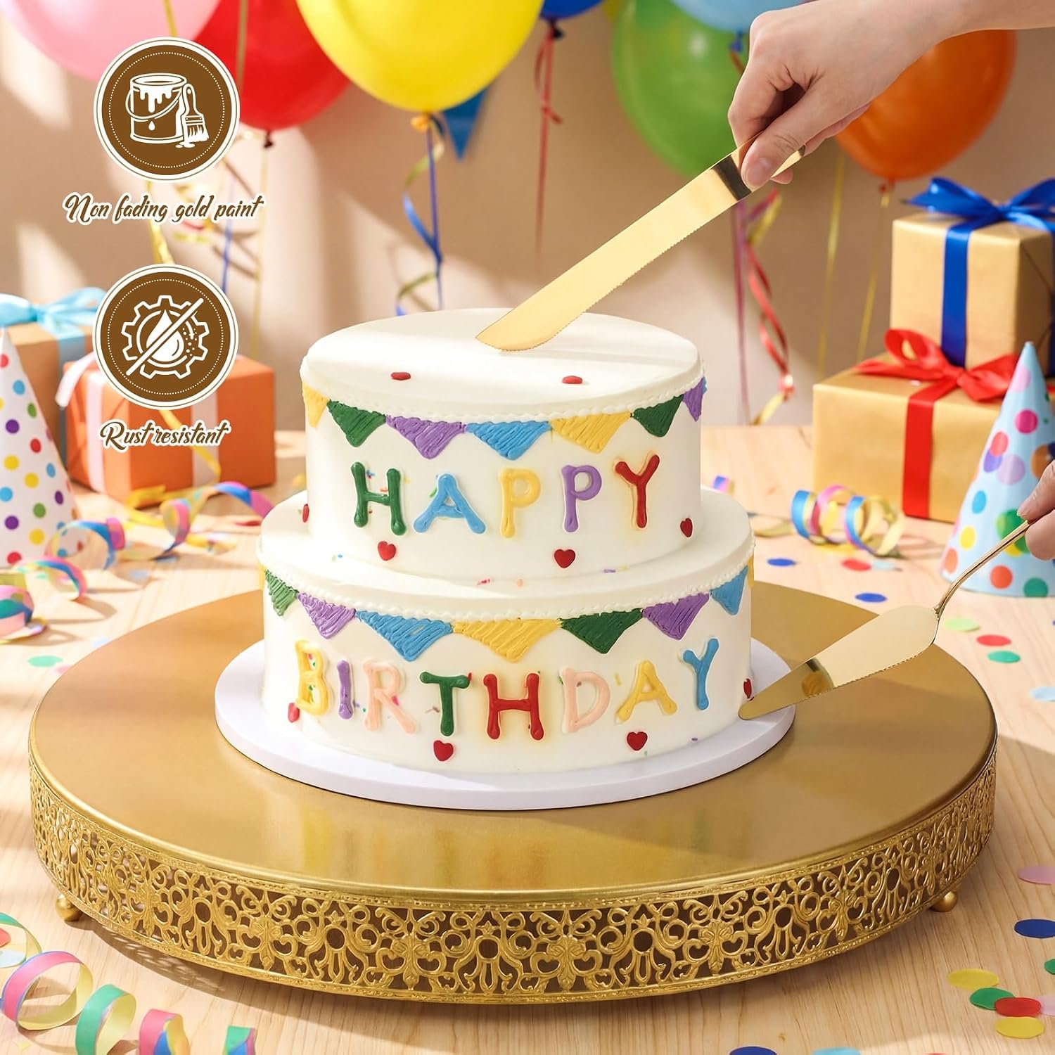 Wenqik 20 Inch Gold Cake Stand Set Metal Round Cupcake Dessert Stand with Cake Cutting, Spatula Wedding Cupcake Pastry Display Candy Holder Display for Wedding Party Birthday Baby Shower(Classic) - Image 4