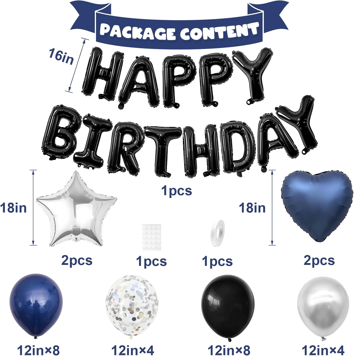 Navy Blue and Black Birthday Decorations for Men,Blue Black White Balloons Happy Birthdays Balloon Banner Silver Confetti Balloons for Men Boy Girls Women Adults Birthday Party Decorations - Image 2