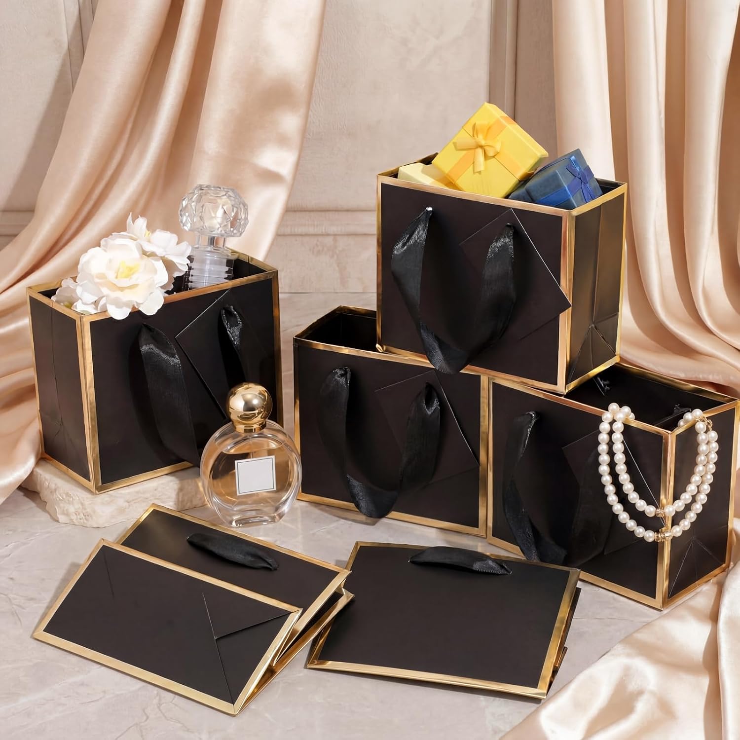 Yeaqee 50 Pcs Mini Metallic Paper Gift Bags with Handle 4.75x2.25x4'' Small Gift Bag DIY Tag Thank You Party Favor for Summer Wedding Baby Shower Birthday Back to School Jewelry (Black,Gold) - Image 5