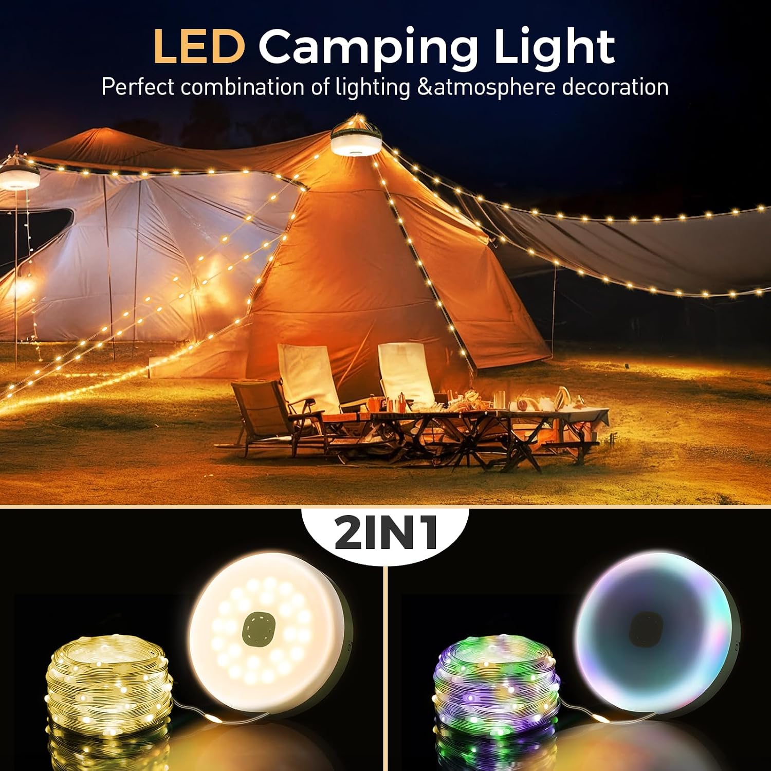 Camping String Lights, 32.8FT Rechargeable Camping Lights with Quick Storage Reel, 8 Modes Waterproof Hanging LED Camping Lights for Tent, RV Awning, Patio and Outdoor Camping Gear Essentials - Image 3