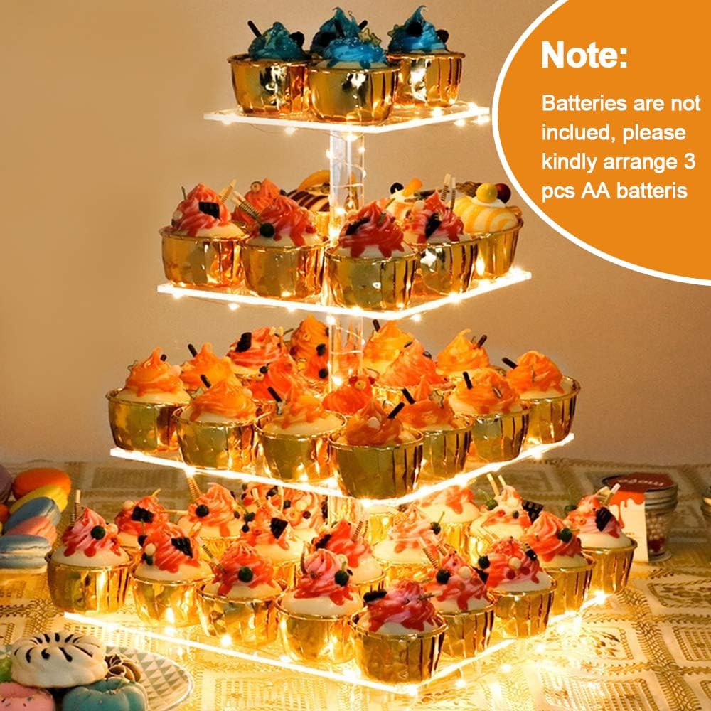 YestBuy Cupcake Stand with Yellow LED Lights, 4 Tier Cupcake Stand for 50 Cupcakes, Acrylic Cupcake Tower Stand, Clear Tiered Cupcake Holder for Birthday Candy Bar Décor Weddings, Parties Events - Image 4