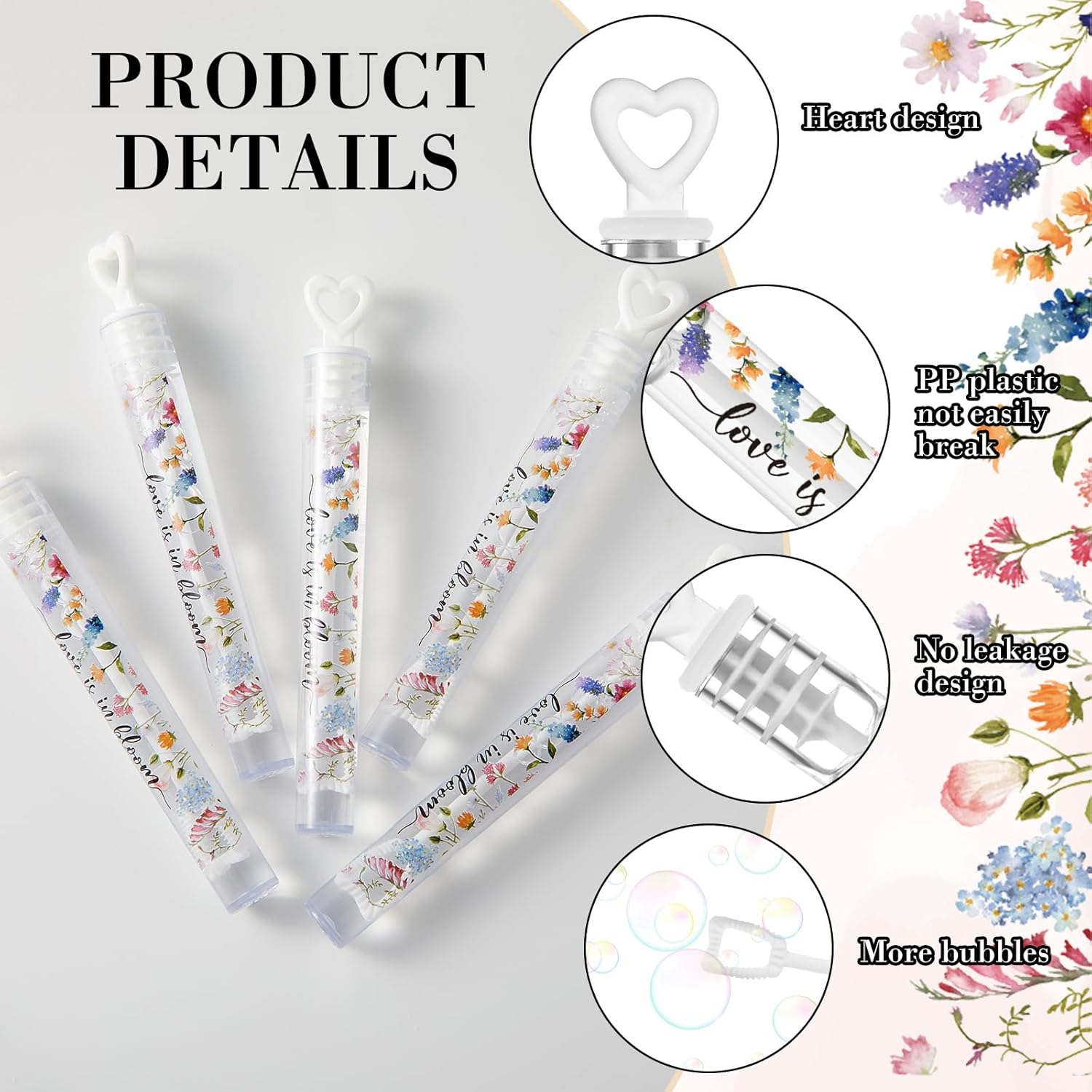 Hollowfly 120 Pack Wild Flower Wedding Mini Bubble Wands for a Wedding Bulk White Heart Bubble for Guests Send Off Wand Adults Bridal Exit Shower Party Supplies Valentine Anniversaries Celebration - Image 3