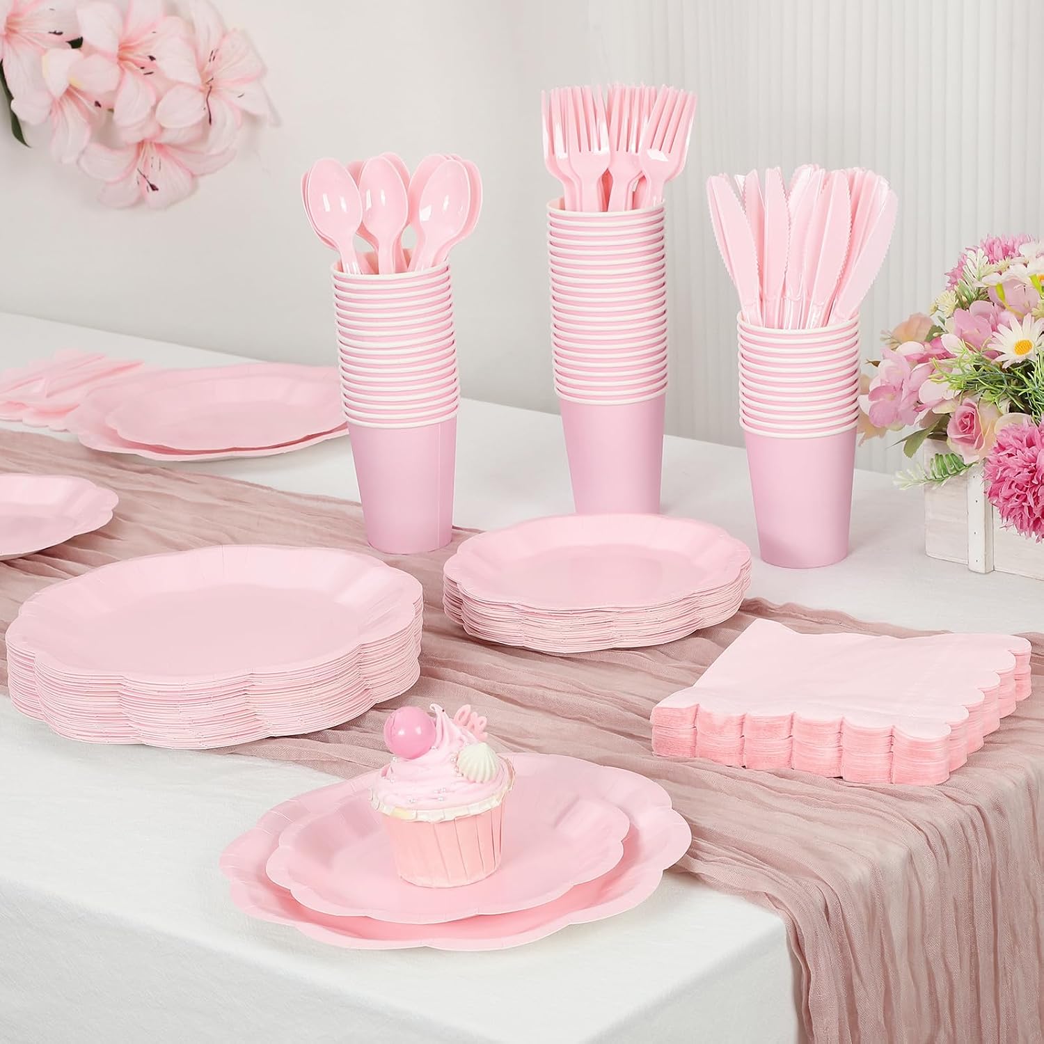NatNarr 175 Pcs Pink Paper Plates and Napkins Set Include 9" Dinner Plates, 7" Dessert Plate Disposable Scalloped Tableware Serve 25 Guest for Wedding Baby Shower Bridal Shower Birthday - Image 5