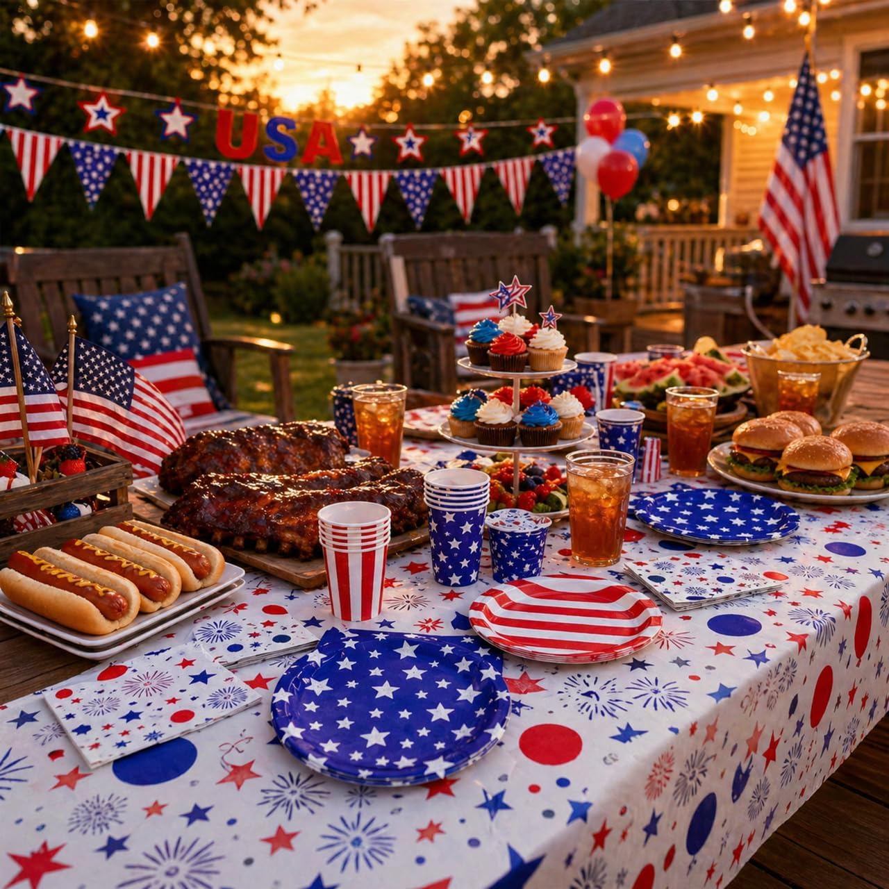 100Pcs 4th of July Decorations,Patriotic Theme Kit for Independence & Election Day Decorations Red White Blue 4th of July Banner Tablecloth Patriotic Plates Napkins Cups Fourth of July Party Supplies - Image 6