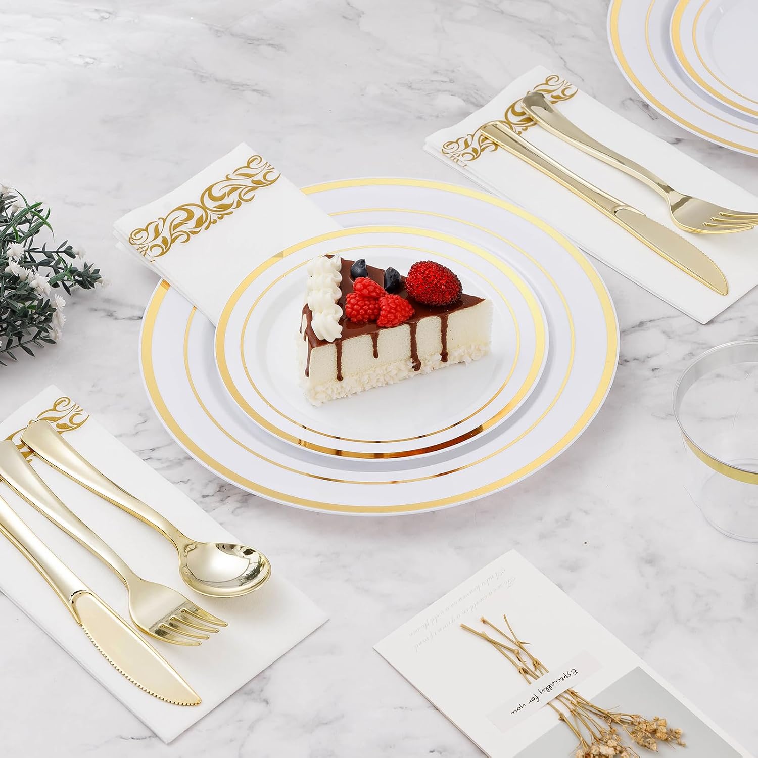 BESTVIP Gold Dinnerware Set for 100 Guests, Plastic Dinnerware Set for Party, Include: 100 Gold Dinner Plates, 100 White Bowls, 100 Dessert Plates, 100 Silverware Set, 100 Cups, 100 Paper Napkins - Image 2