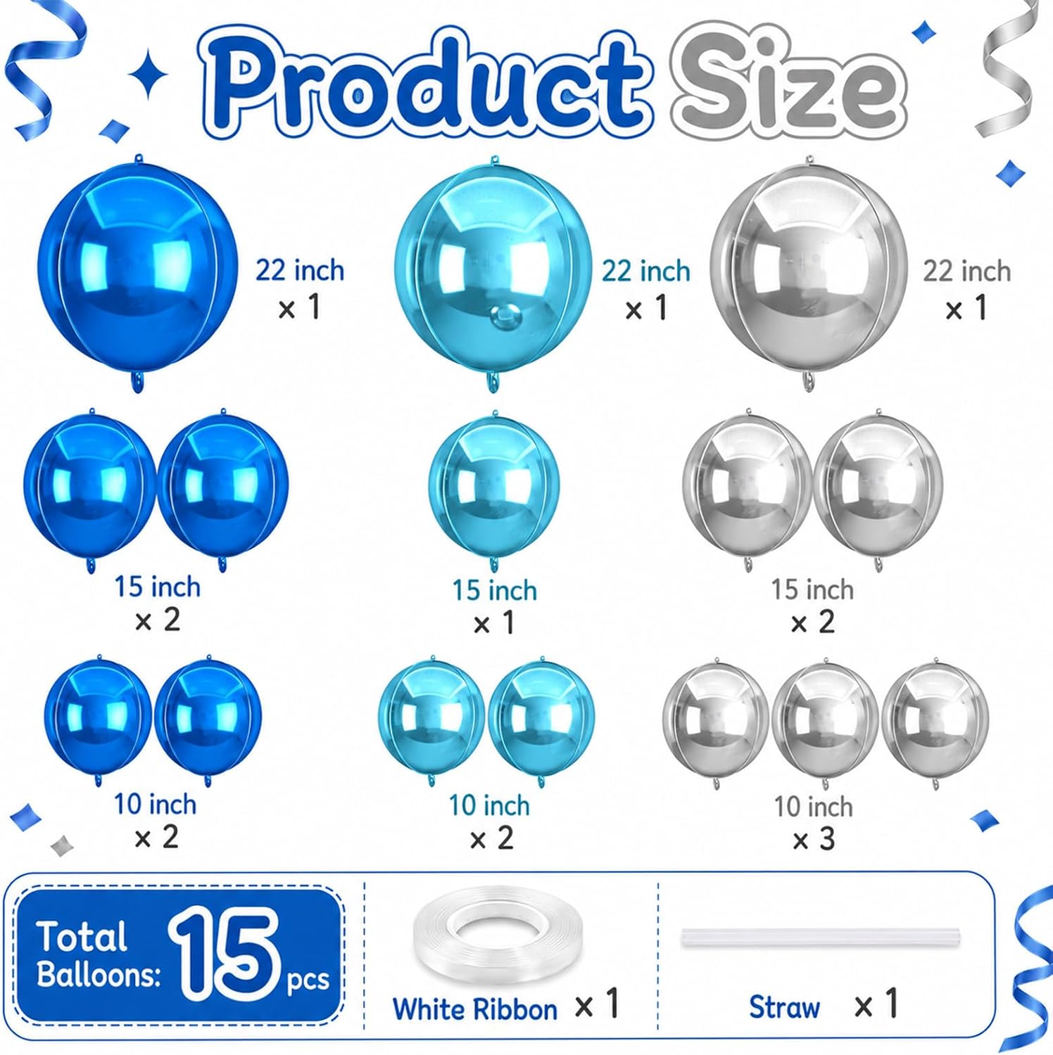 15 Pcs Blue and Silver Round Foil Balloons, 22/15/10 Inch 4D Ball Balloons Blue Silver Ball Balloon for Birthday Wedding Anniversary Baby Shower Party Graduation Decorations - Image 2