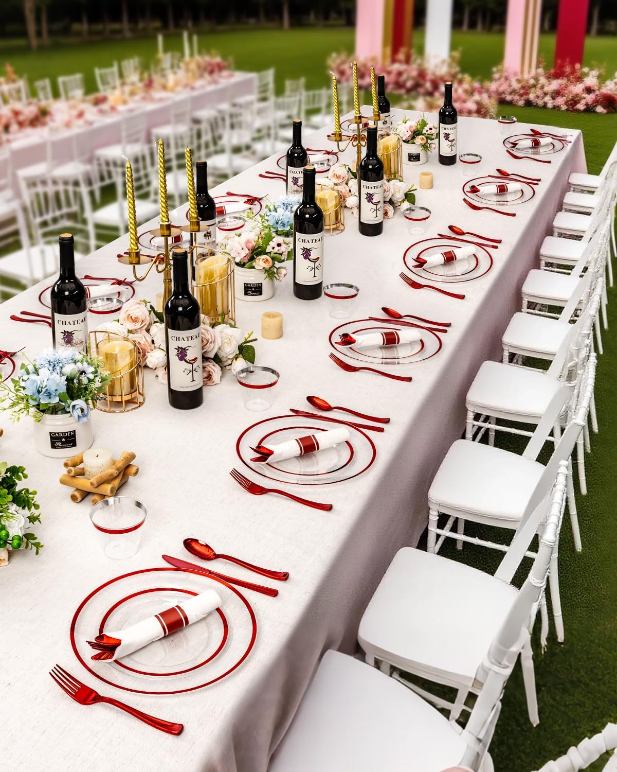 BESTVIP 350PCS Disposable Clear Red Dinnerware Sets for 50 Guests, Plastic Plates for Party, 100 Plastic Plates, 50 Cups, 50 Pre-Rolled Napkins with Cutlery for Parties, Christmas, Wedding - Image 6
