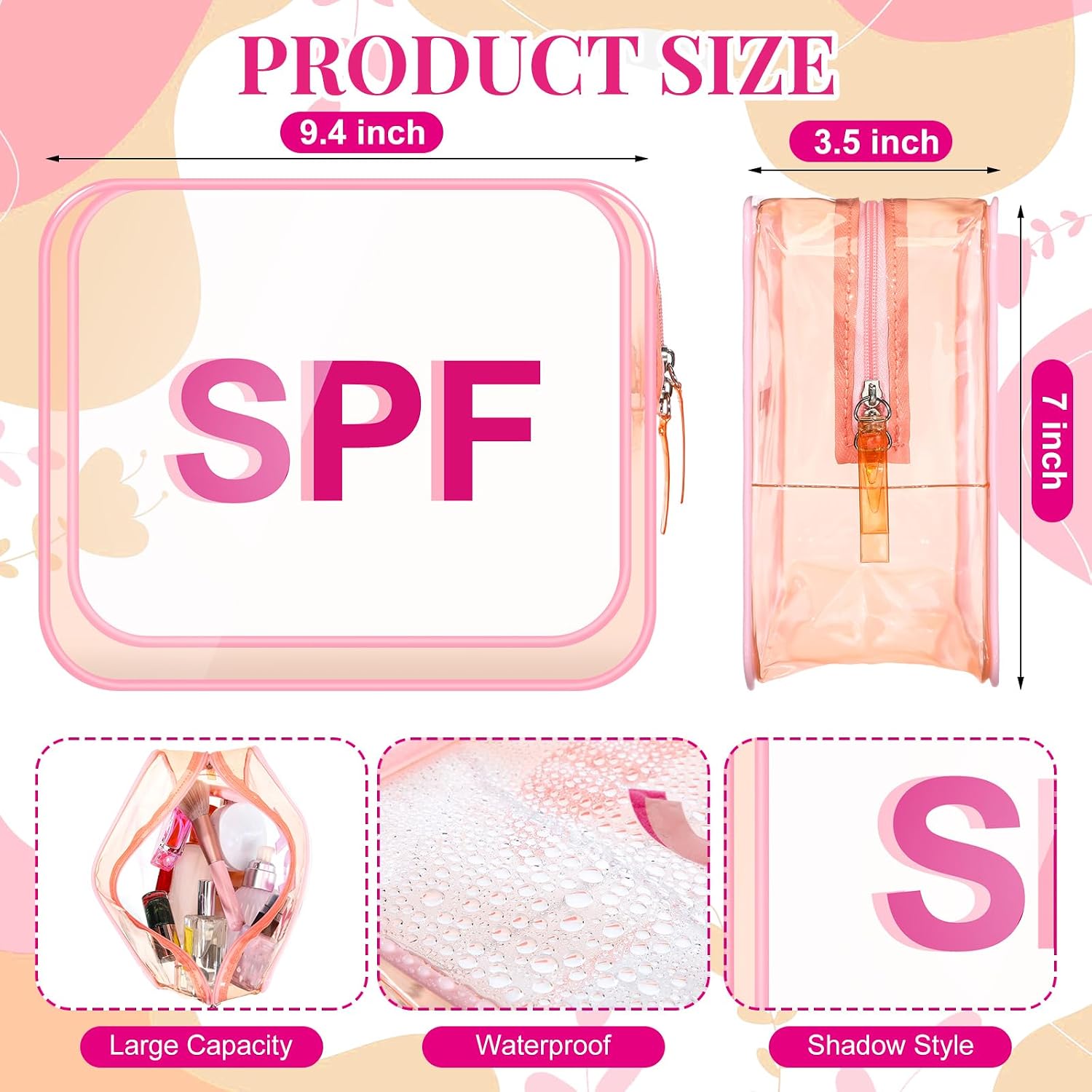Shinylin Spf Clear Makeup Bag 9.5" x 7" x 3.5" Pink Beach Pouch Large Waterproof Travel Toiletry Cosmetic Bag PVC Transparent Zippered Organizer for Women Girl Summer - Image 2