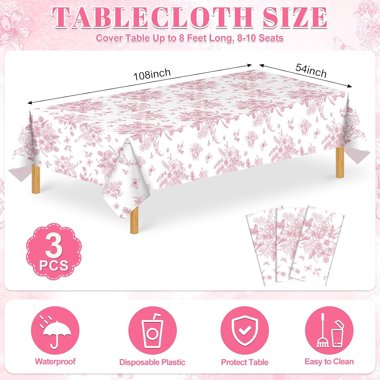 3 Pcs Pink Floral Plastic Tablecloths, 54 X 108Inch Tea Party Tablecloth Disposable Wedding Table Cloth Pink and White Porcelain Tables Decor for Garden Wedding Tea Party Birthday Baby Bridal Shower - Image 2