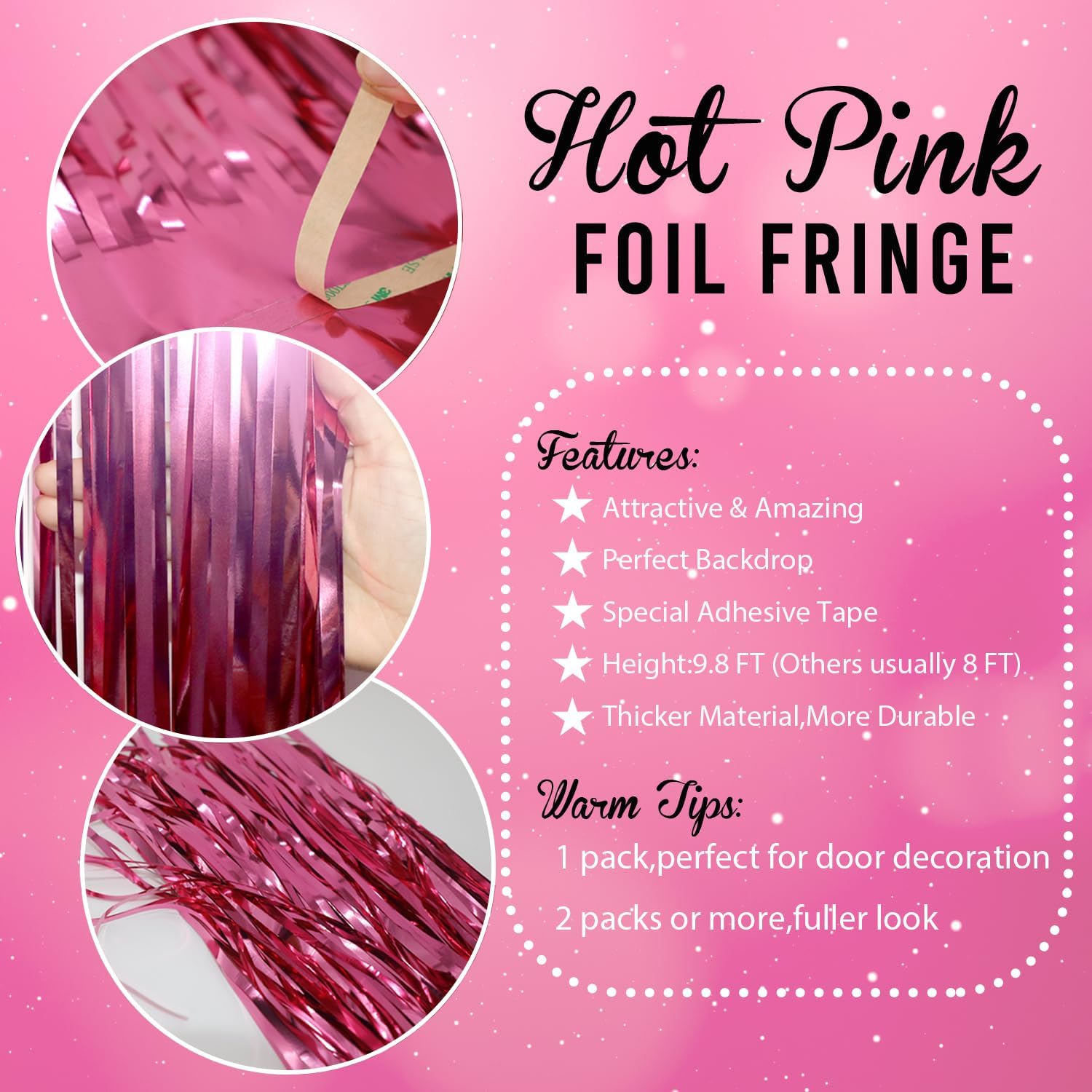 GOER 3.2 ft x 9.85 ft Metallic Tinsel Foil Fringe Curtains Party Photo Backdrop Party Streamers for Galentines Day, Birthday, Graduation, New Year Eve Decorations Wedding Decor (1 Pack, Hot Pink) - Image 6