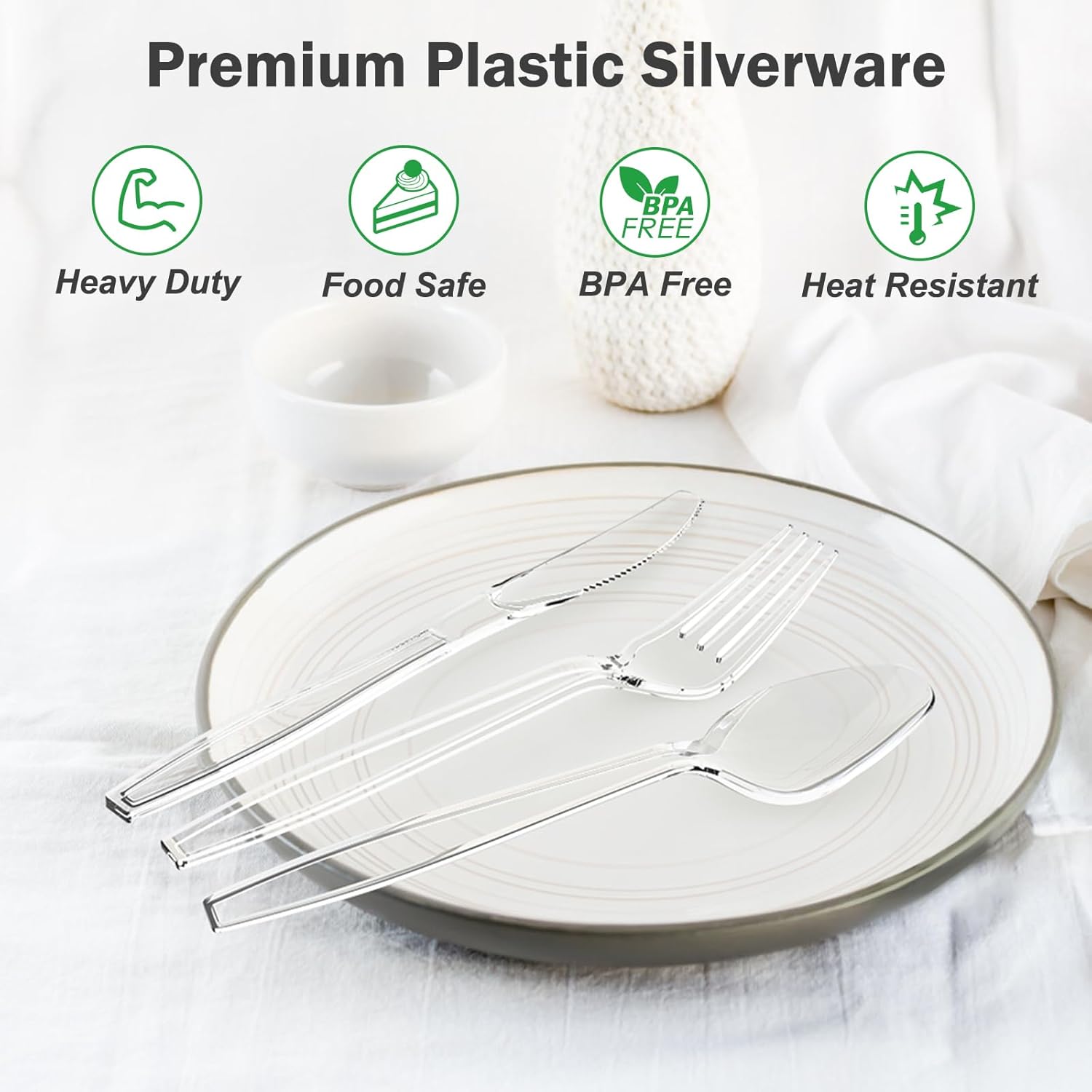 Dealusy 360 Count Extra Heavy Duty Clear Plastic Silverware, 150 Forks, 150 Spoons, 60 Knives, BPA-Free, Heat Resistant, Disposable Plastic Utensils Set, Plastic Cutlery Set, Plasticware Bulk - Image 3