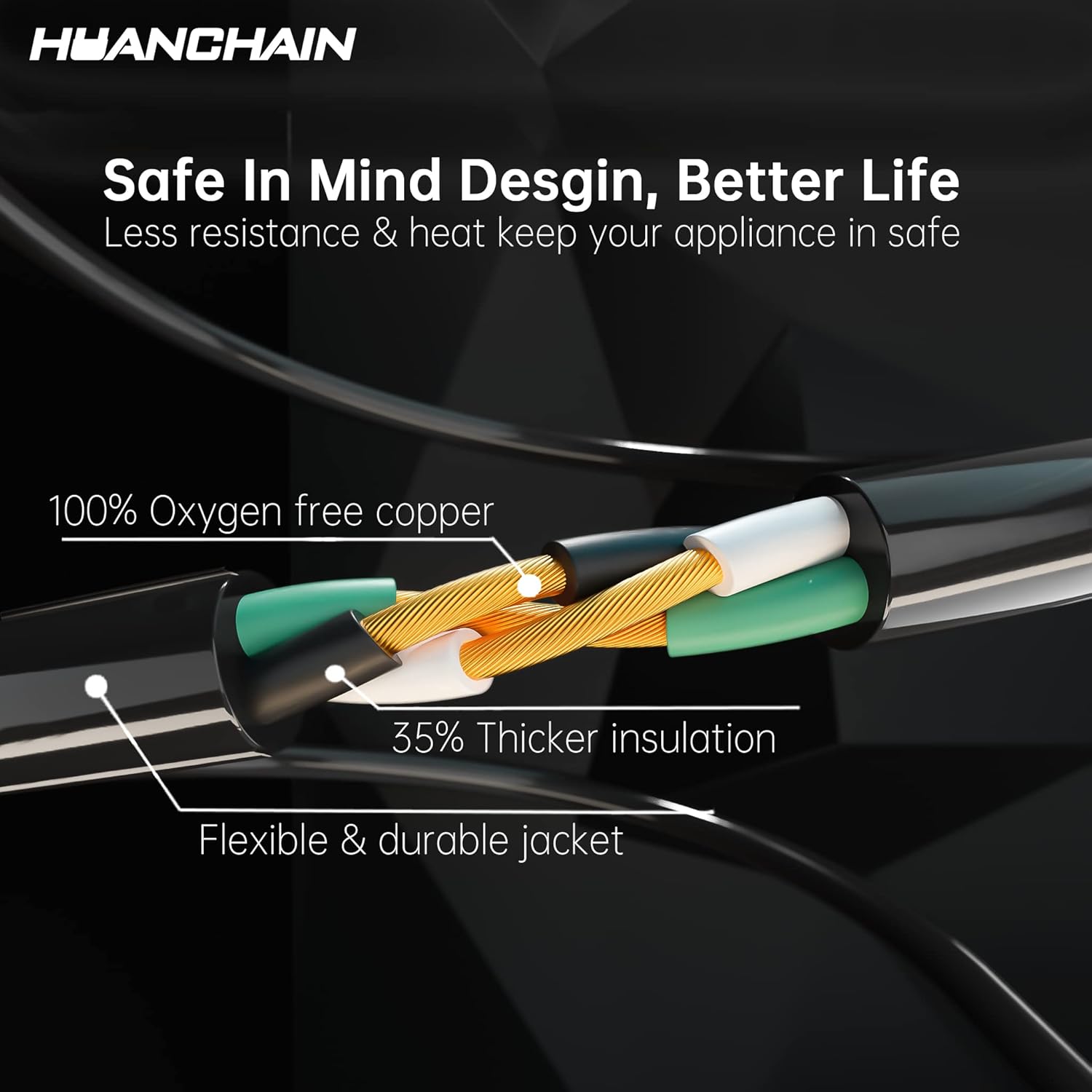 HUANCHAIN Indoor Outdoor Black Extension Cord 15 ft Waterproof, 16/3 Gauge Flexible Cold-Resistant Appliance Extension Cable Outside, 13A 1625W 16AWG SJTW, 3 Prong Electric Cord, ETL - Image 6