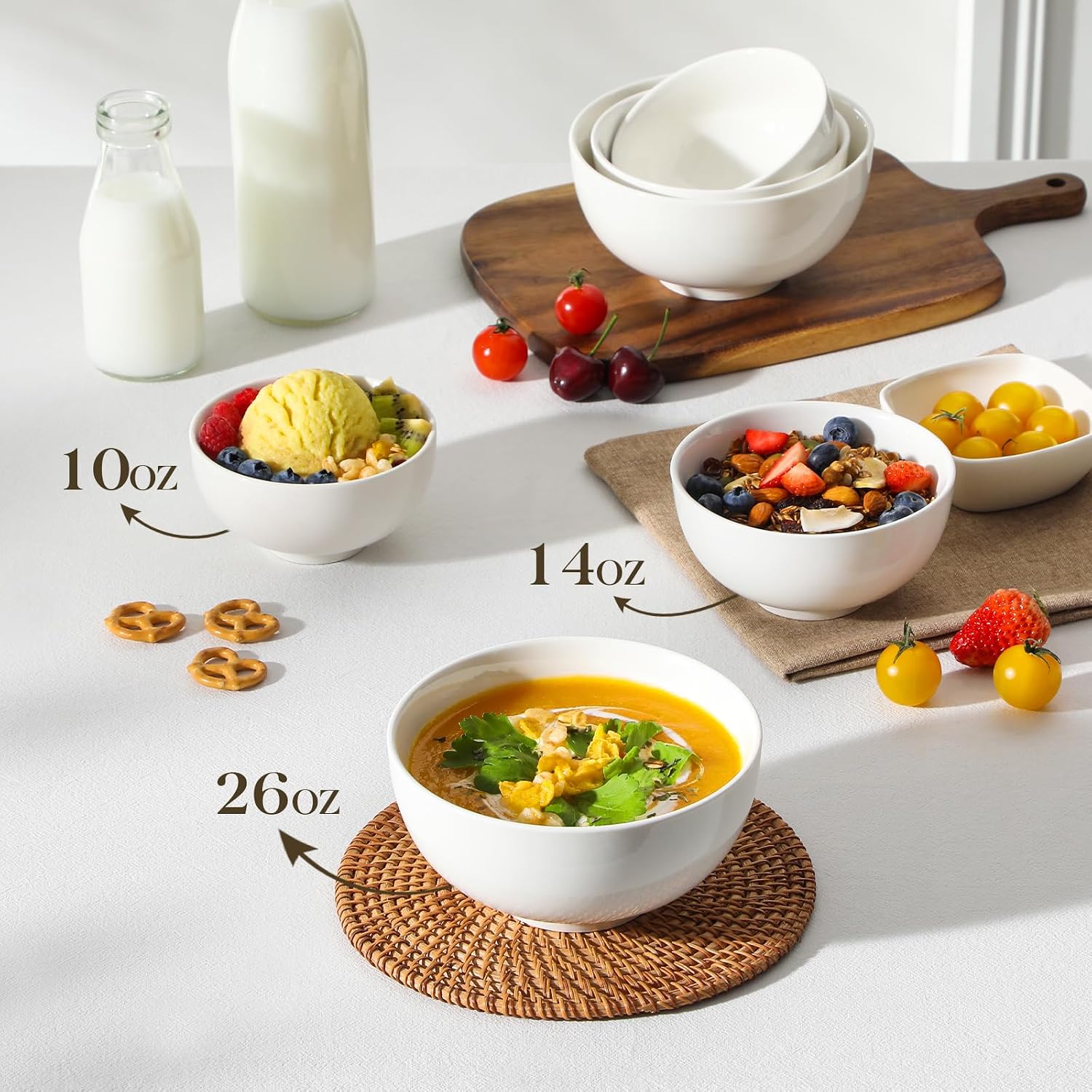 MALACASA Small White Bowls Set of 8, 10 Oz Ice Cream Bowls - Little Ceramic Bowls for Bouillon,Side Dishes, Dessert, Oatmeal, Fruit, Portion Control - Dishwasher & Microwave Safe. - Image 5